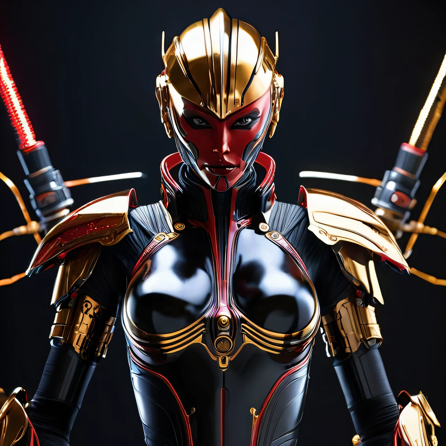 Top Quality, Masterpiece, Ultra High Resolution, (Photorealistic: 1.4), Raw Photo, 1 Darth Talon, 1 Mechanical, (Ultra Realistic Detail)), Full body, Global Illumination, Contrast, Shadows, Octane Rendering, 8K, Ultra Sharp, Cleavage Exposed, Raw Skin, Metal, Intricate Ornament Details, Japan Details, x2 samauri swords on back, Very intricate details, realistic light, CGSoation trend, facing the camera, neon and gold details, mechanical limbs, blood vessels connected into the body, mechanical vertebrae attached to back, mechanical cervical attachment to the neck, wires and cables connecting to the head, darth talon, star wars