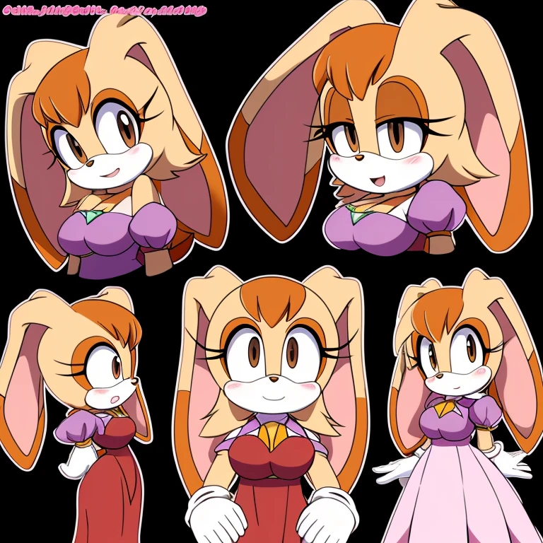 Female, Mobian, Rabbit, Vanilla the Rabbit, sonic the hedgehog \(series\), rabbit girl, ((solo)), ((1girl)), brown eyes, young adult, average sized breasts, hair on top of shoulders, long peach hair color that’s is wavy, wearing a long dress anime styled , white gloves, many expressions 