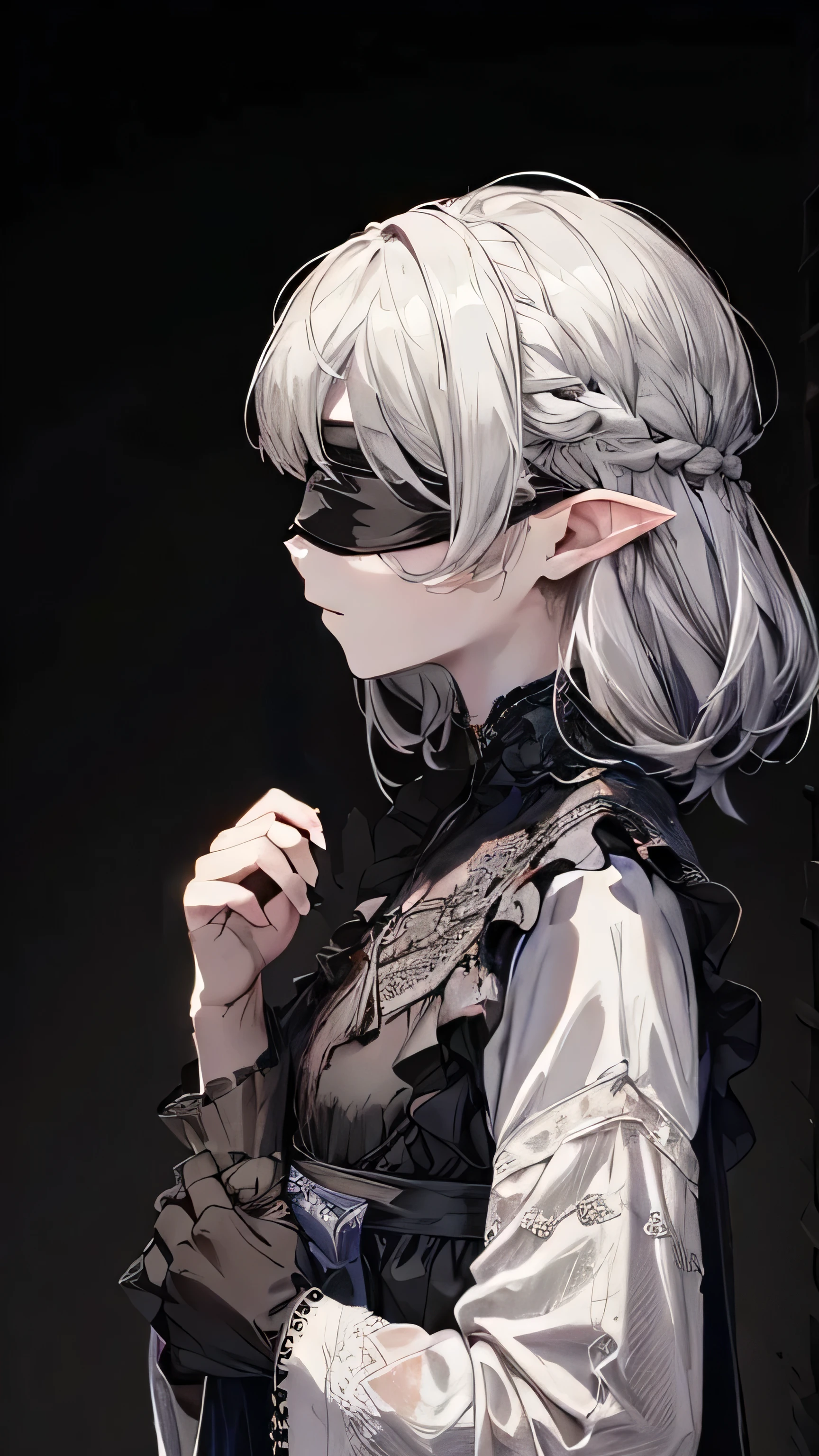 gorgeous, masterpiece, best quality, highres,4k, wallpaper, intricate, detailed, rpg, lord of the rings, dark room, small breast, kneel down, profile, not facing viewer.Muslim abaya, Masterpiece, Best Quality, High Quality, 1 blind little girl, children, young girl, poor,black cloth blindfold, wear black Muslim abaya, praying, Medieval style, (surrounded by grey light),, (Darkness:1.8), Abstraction, Award-winning photography, Depth of field, HDR, Very detailed, Trending in art stations, Trending in CGsociety, Complex, High detail,(Masterpiece:1.2, Best Quality), (dark Lighting, Very Delicate and Beautiful), (Beautiful Detailed Face), (Detailed Face:1.2), gray dark hair, pale skin, pointy_ears, thorns scar on hands, cross scar on body, sad face, innocent, not looking camera, looking to the ground, blindfold, not showing eyes, bonny, skinny body, small chest, betray