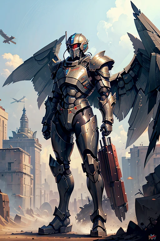 machine, automaton, military, robot, soldier, communist, solo, simple background, humanoid, Russian, soviet, tubing, dark, tubing, helmet tubing, chest tubing, solo, wings, mech, tall, massive, titan, large wings, pilot, large wingspan, armored, winged, visor, mechanical wings, jetpack, jet boots, flying, heavy armor, no skin, covered skin, covered in armor, huge wings, massive wings, gigantic, large, massive, thick armor,
