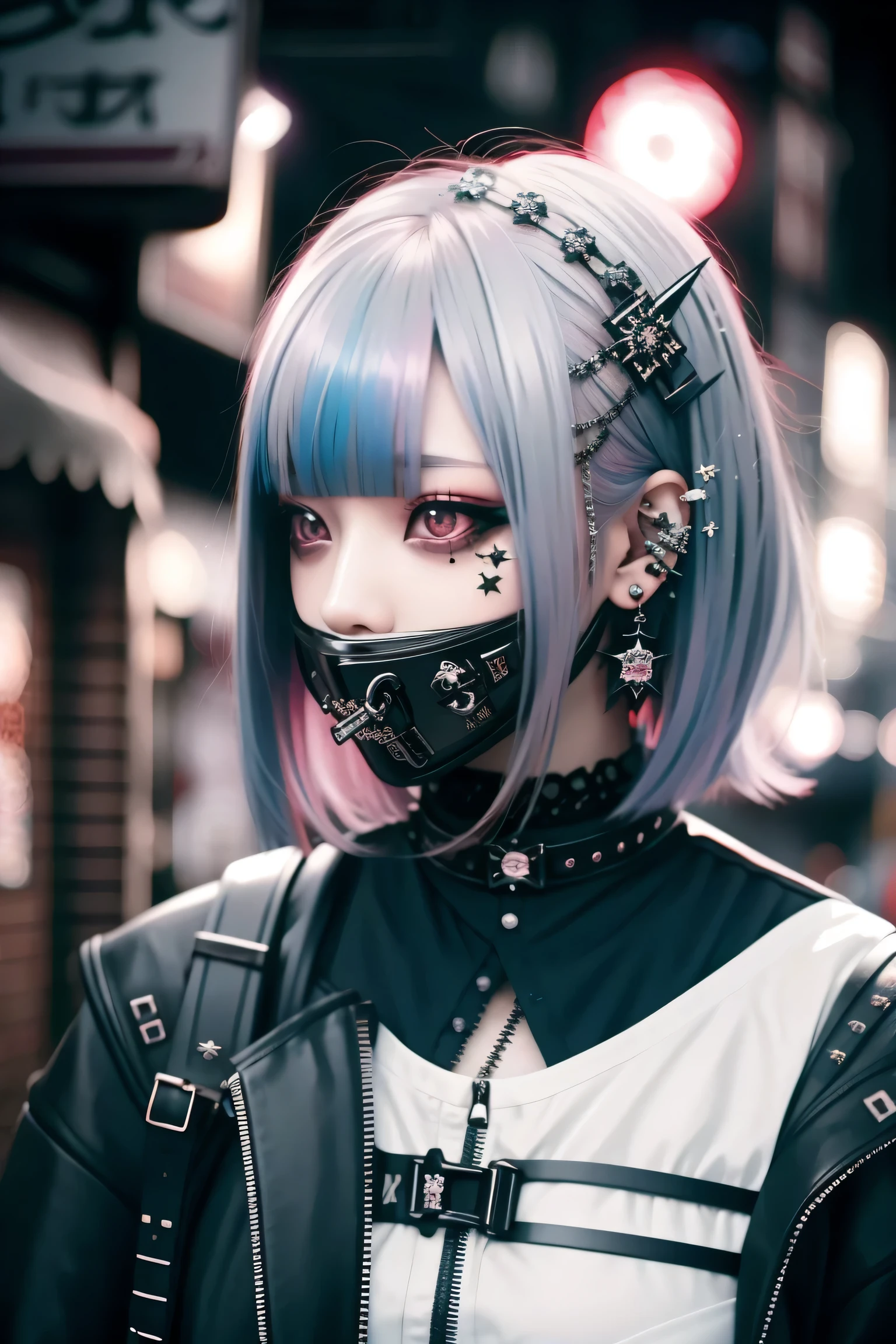 Redhead、Goth_punk, One Girl, alone, Medium Shot, Walking around Harajuku, ((at night)), Bokeh Depth of Field, Neon Light, Rainbow Eyes, Starry Sky, Red glowing hair, White eyebrows, Shiny Hair, (Iridescent white hair), Earrings, Bans, gem, BallGag, Blunt bangs, Veld's Eye, Mouth Ball Gag, Blurred background, Blurred, hair ornaments, Look at the viewers, short hair, Portraiture, Side Lock,((Sex Establishments, Soapland)),BDSM