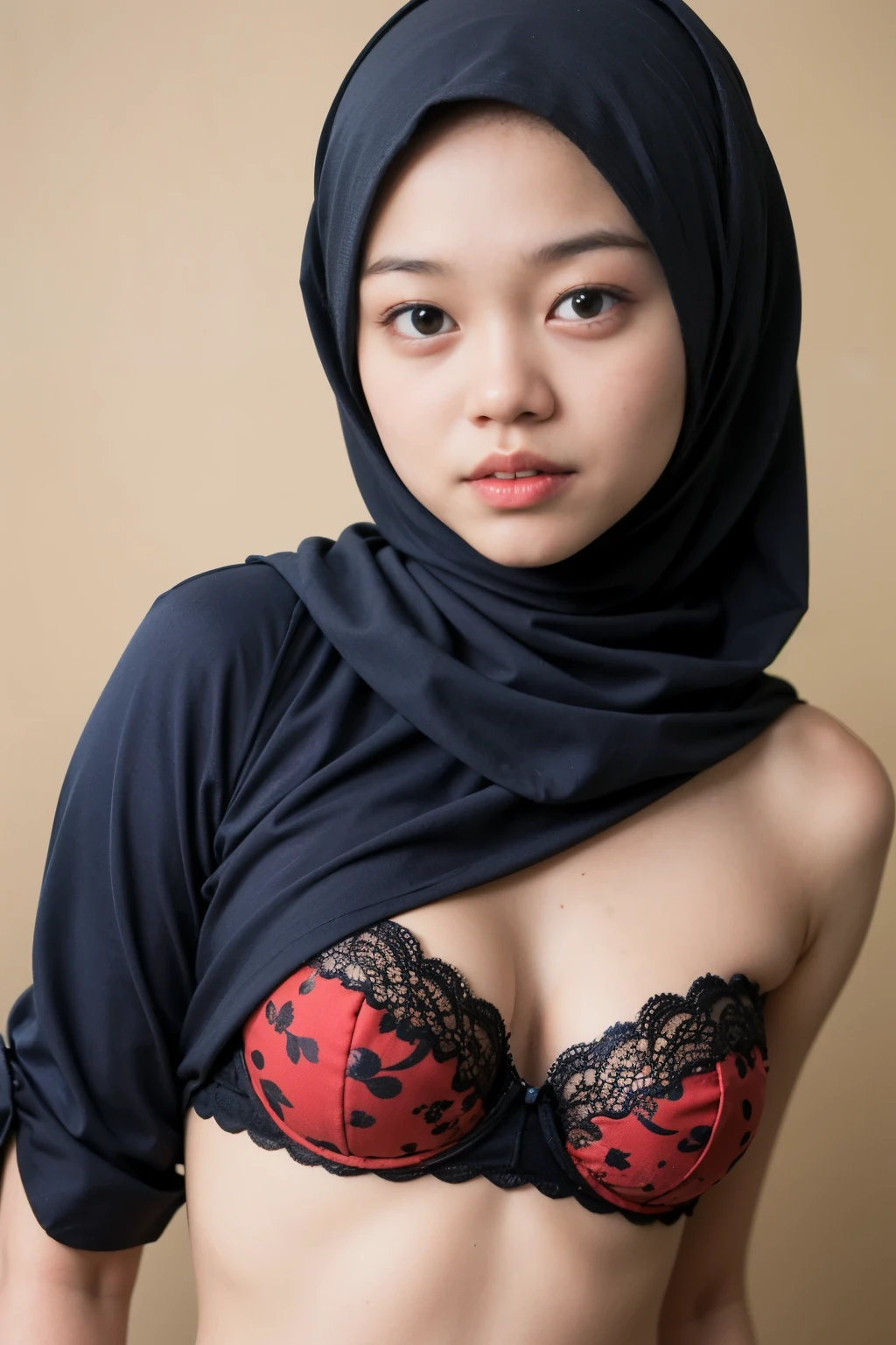 (((HIJAB MALAY GIRL))), masutepiece, High quality, UHD 32K, Realistic face, Realistic skin feeling , A Japanese Lady, 8 , , Very cute and baby-like face, (((FLAT CHEST))), (MATRIX WORLD), ((look In front  at the camera and SADNESS)), ((())), (((CUTE GIRL))), ((RED LIPS)), ((Floral Pattern)) little wearing strapless bra, strapless colorful bra