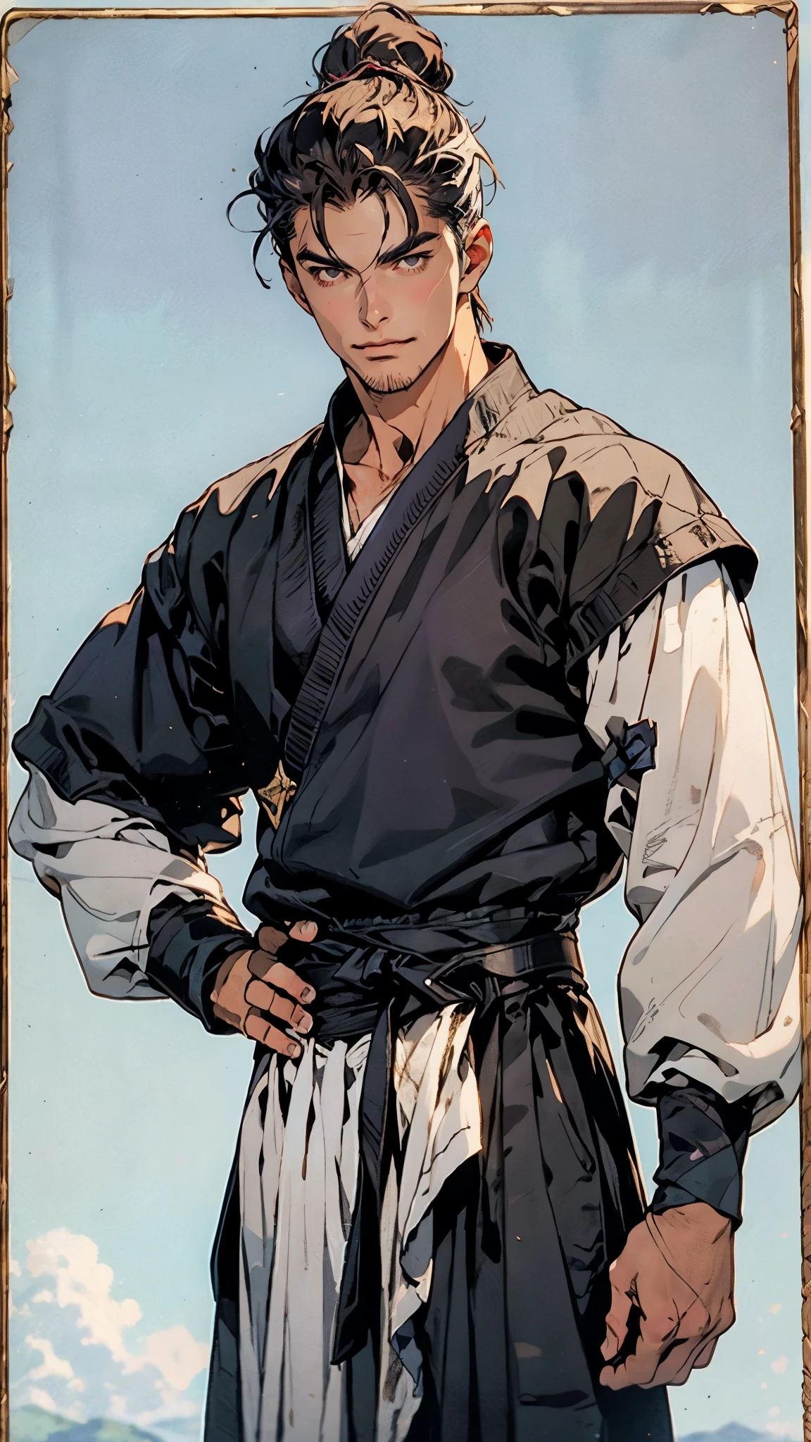 A man with short brown hair slicked back, topknot hairstyle, small center-parted fringe, deep eyes, straight eyebrows, long face, playful smile, a azure blue fantasy-style cloth vest jacket over a long-sleeved white undershirt, a black waistband, coarse cloth trousers the backdrop of a fantasy-style border outpost, this character embodies a finely crafted fantasy martial arts-style outpost worker in anime style, exquisite and mature manga art style, high definition, best quality, highres, ultra-detailed, ultra-fine painting, extremely delicate, professional, perfect body proportions, golden ratio, anatomically correct, symmetrical face, extremely detailed eyes and face, high quality eyes, creativity, RAW photo, UHD, 32k, Natural light, cinematic lighting, masterpiece-anatomy-perfect, masterpiece:1.5