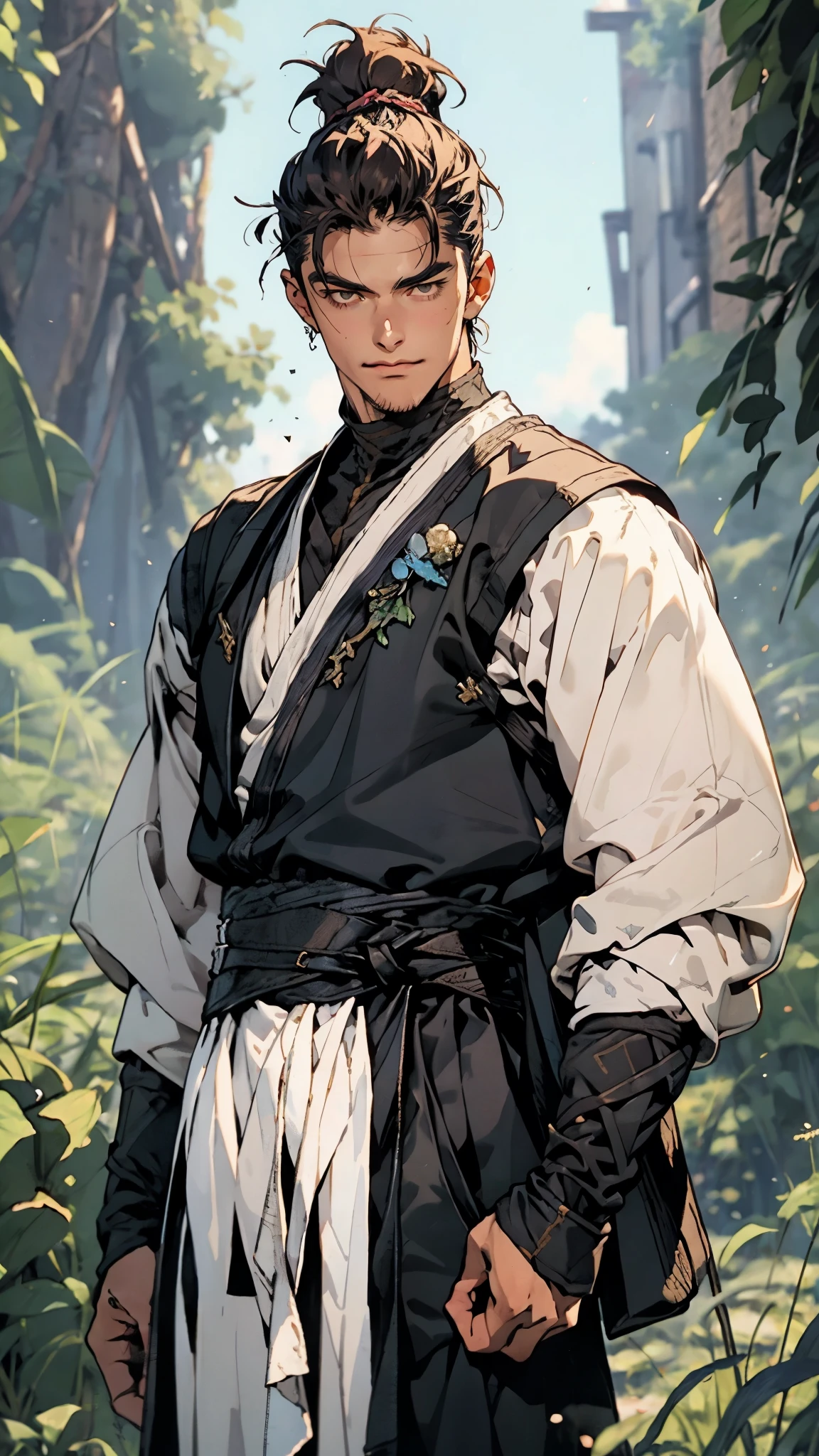 A man with short brown hair slicked back, topknot hairstyle, small center-parted fringe, deep eyes, straight eyebrows, long face, playful smile, a azure blue fantasy-style cloth vest jacket over a long-sleeved white undershirt, a black waistband, coarse cloth trousers the backdrop of a fantasy-style border outpost, this character embodies a finely crafted fantasy martial arts-style outpost worker in anime style, exquisite and mature manga art style, high definition, best quality, highres, ultra-detailed, ultra-fine painting, extremely delicate, professional, perfect body proportions, golden ratio, anatomically correct, symmetrical face, extremely detailed eyes and face, high quality eyes, creativity, RAW photo, UHD, 32k, Natural light, cinematic lighting, masterpiece-anatomy-perfect, masterpiece:1.5