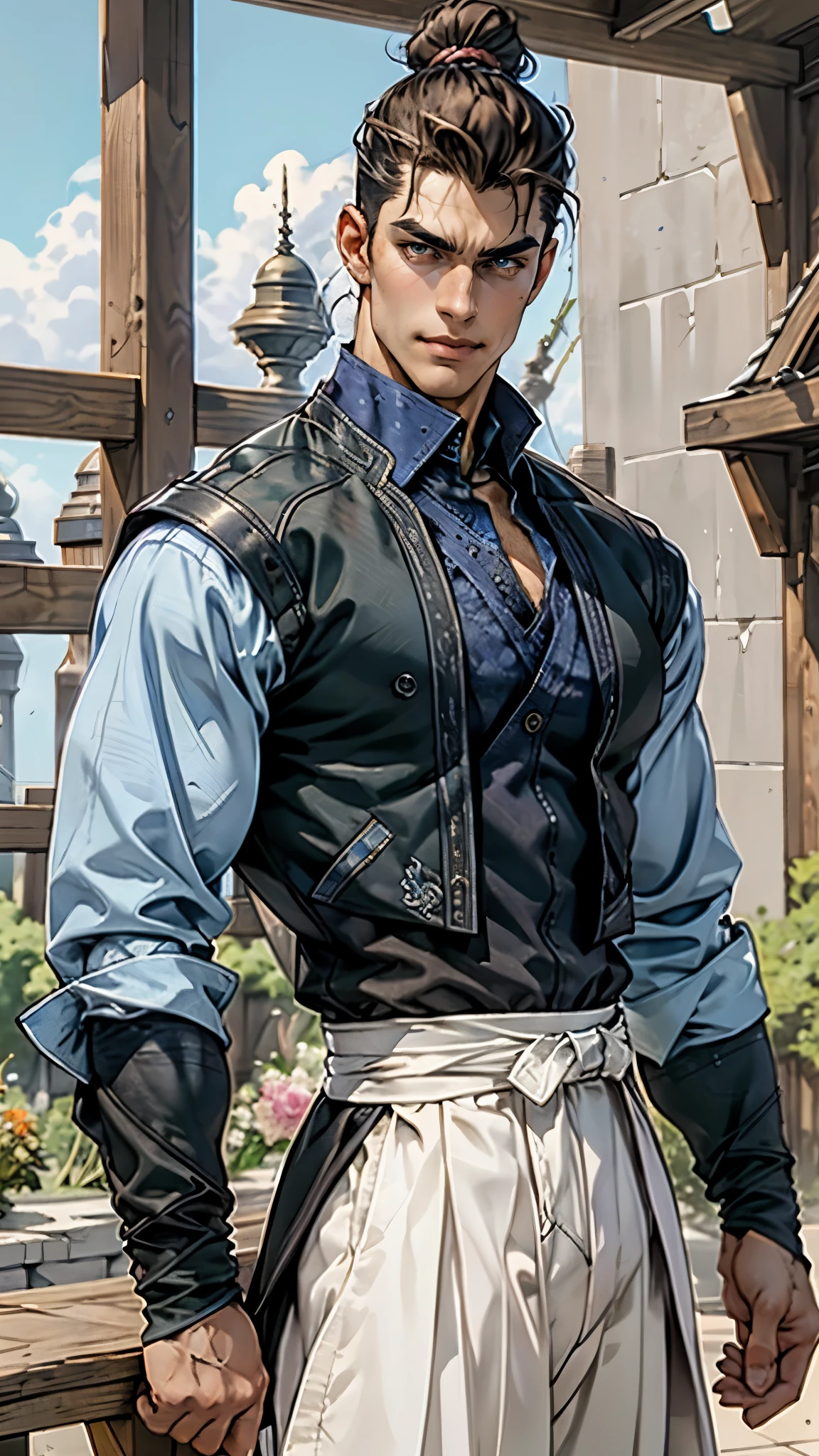 A man with short brown hair slicked back, topknot hairstyle, small center-parted fringe, deep eyes, straight eyebrows, long face, playful smile, a azure blue fantasy-style cloth vest jacket over a long-sleeved white undershirt, a black waistband, coarse cloth trousers the backdrop of a fantasy-style border outpost, this character embodies a finely crafted fantasy martial arts-style outpost worker in anime style, exquisite and mature manga art style, high definition, best quality, highres, ultra-detailed, ultra-fine painting, extremely delicate, professional, perfect body proportions, golden ratio, anatomically correct, symmetrical face, extremely detailed eyes and face, high quality eyes, creativity, RAW photo, UHD, 32k, Natural light, cinematic lighting, masterpiece-anatomy-perfect, masterpiece:1.5