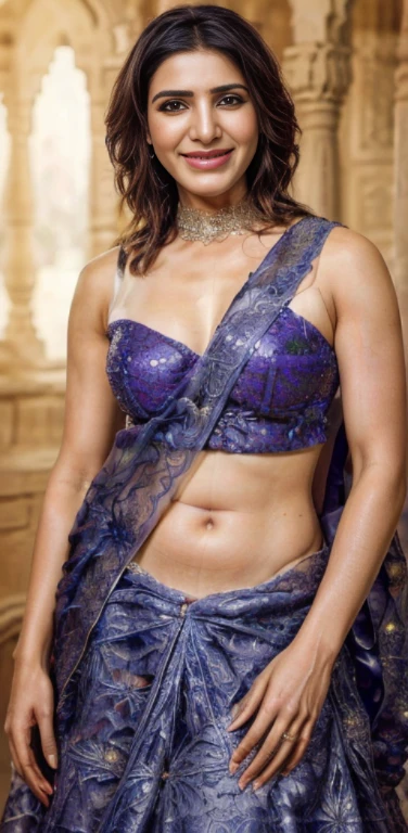 Portrait of samantha ruth prabhu,(((Stunningly Beautiful woman in lehenga)), exposing cleavage and navel , sweet smile, Beautiful bride, looking back,elaborate scene style, crystal glass lattice, glitter, realistic style, 8k,exposure blend, medium shot(cinematic)