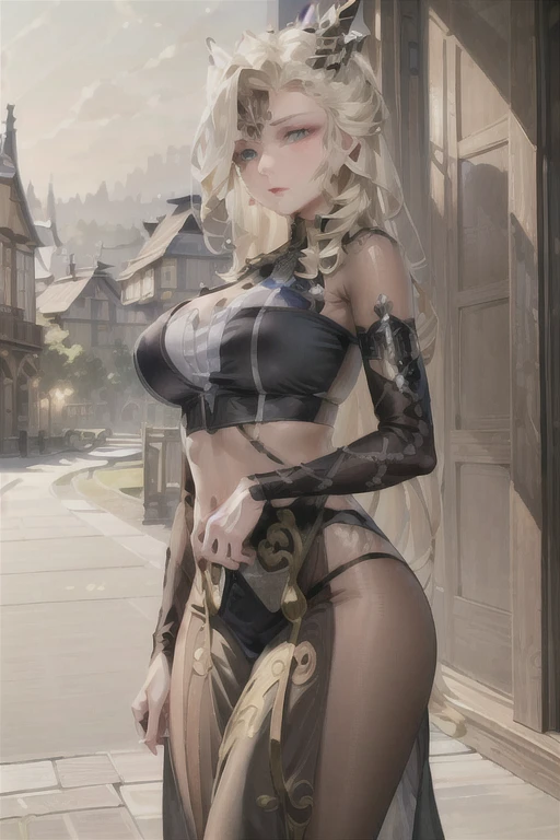 (masterpiece:1.2, best quality), (finely detailed beautiful eyes: 1.2), (extremely detailed CG unity 8k wallpaper, masterpiece, best quality, ultra-detailed),  signora \\(genshin impact\\) , large breasts, long hair, mature female, sweater, shirt ,pants, casual clothes,  High contrast, (best illumination, an extremely delicate and beautiful),1girl,(simple backround, outdoors,  front on),  looking at viewer,beautiful detailed glow,full body, (beautiful detailed face, beautiful detailed eyes)