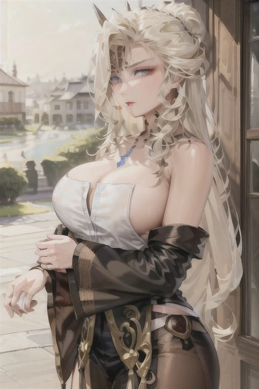 (masterpiece:1.2, best quality), (finely detailed beautiful eyes: 1.2), (extremely detailed CG unity 8k wallpaper, masterpiece, best quality, ultra-detailed),  signora \\(genshin impact\\) , large breasts, long hair, mature female, sweater, shirt ,pants, casual clothes,  High contrast, (best illumination, an extremely delicate and beautiful),1girl,(simple backround, outdoors,  front on),  looking at viewer,beautiful detailed glow,full body, (beautiful detailed face, beautiful detailed eyes)