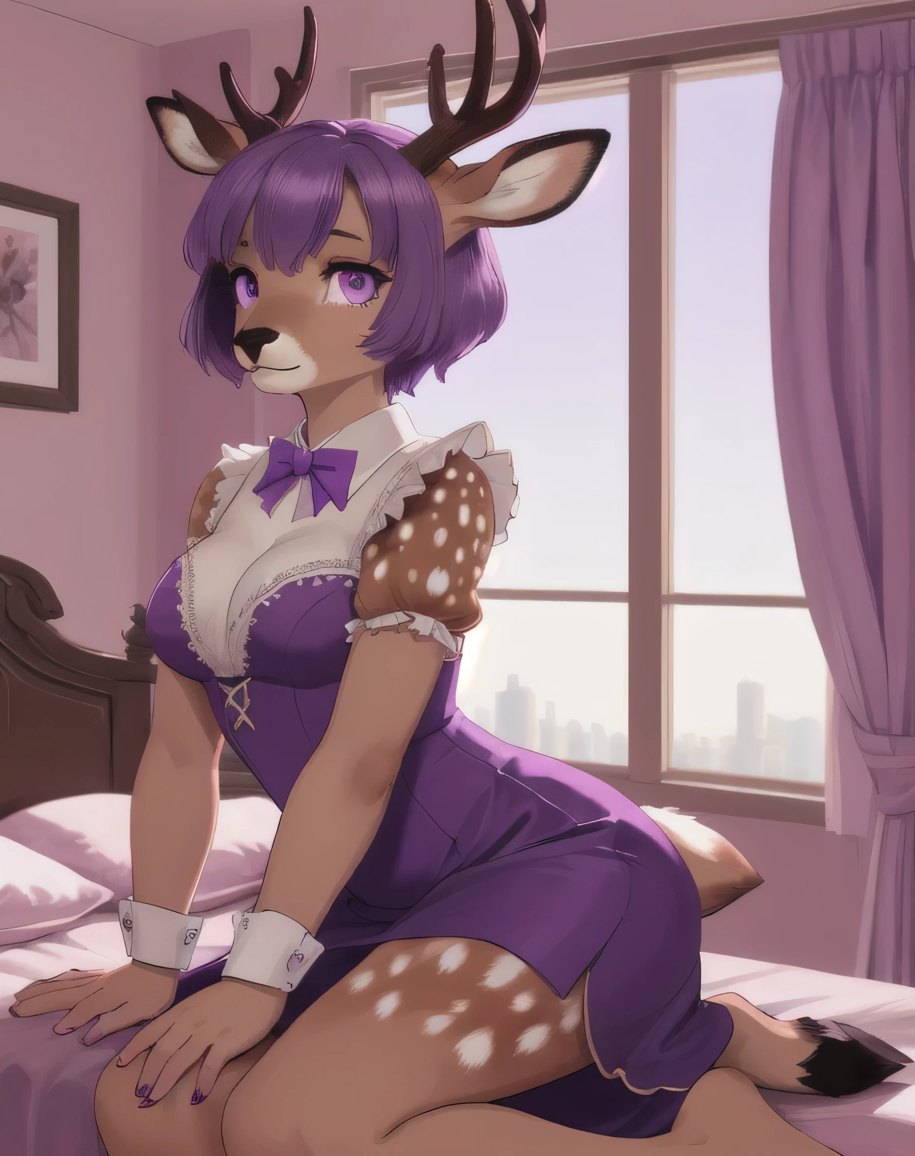 1girl, (Feminine), curvy body, solo, masterpiece, room, bed, scenery, (deer girl:1.2), deer, short purple hair, purple eyes, (wearing formal clothes), ((high colors))