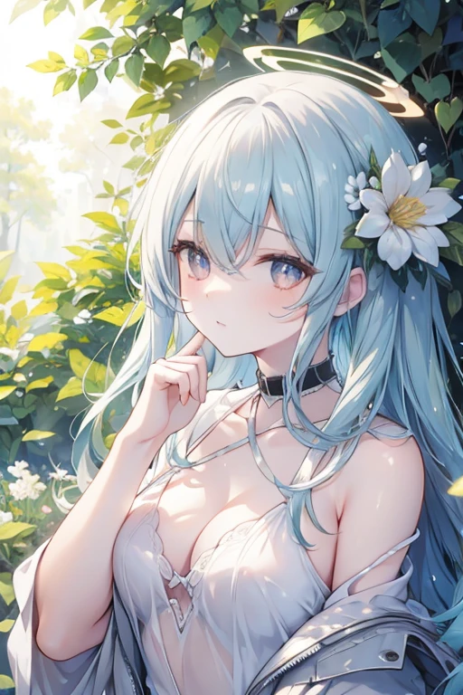 (masterpiece,best quality:1.4),(ultra-detailed,highres:1.2),wallpaper,perfect anatomy,pixiv id,colorful,
outdoor,nature,sunshine,forest,plant,leaf,tree,flower,
1girl,solo,collarbone,happy,naughty face,
(beautiful hair,bangs,hair between eyes),(looking at viewer),(bright pupils,detailed pupils,beautiful pupils,glint),
flower,halo,white shirt,jacket,