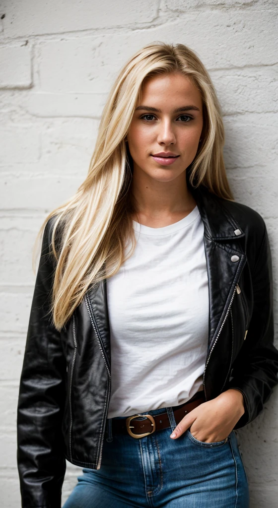 A 23 year old blonde woman, ((big breasts)), ((hyperrealism)) ,. Blonde hair with light brown roots. blonde hair, Hair with brown roots, extra long hair, very long hair, very long hair, very long hair, very long hair, very long hair, very long hair, beautiful, front view, take a photo, Photo taken, full body, in wearing a black leather jacket, white t-shirt, and fit jeans with a stylish belt, with a low-cut top, photo at the leaning against the wall, high quality, Nikon D850 film stock photograph Kodak Portra 400 camera f1.6 lens, full body, sexy body, sexy body.