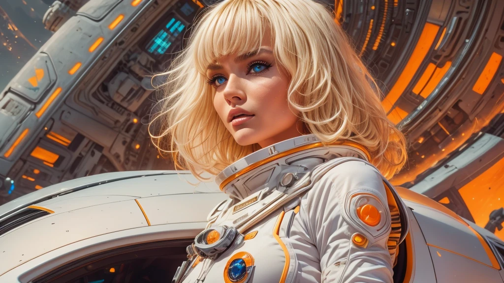 arafed image of a white woman in a futuristic suit with a spaceship in the background, movie art, in front of an orange background, inspired by Robert McGinnis, female protagonist, megastructure in the background, portrait of an ai astronaut, astronauts, an astronaut, portrait of a astronaut skeletor, perfect android girl, detailed eyes, perfectly detailed teeth, frank franzzeta and sakimichan