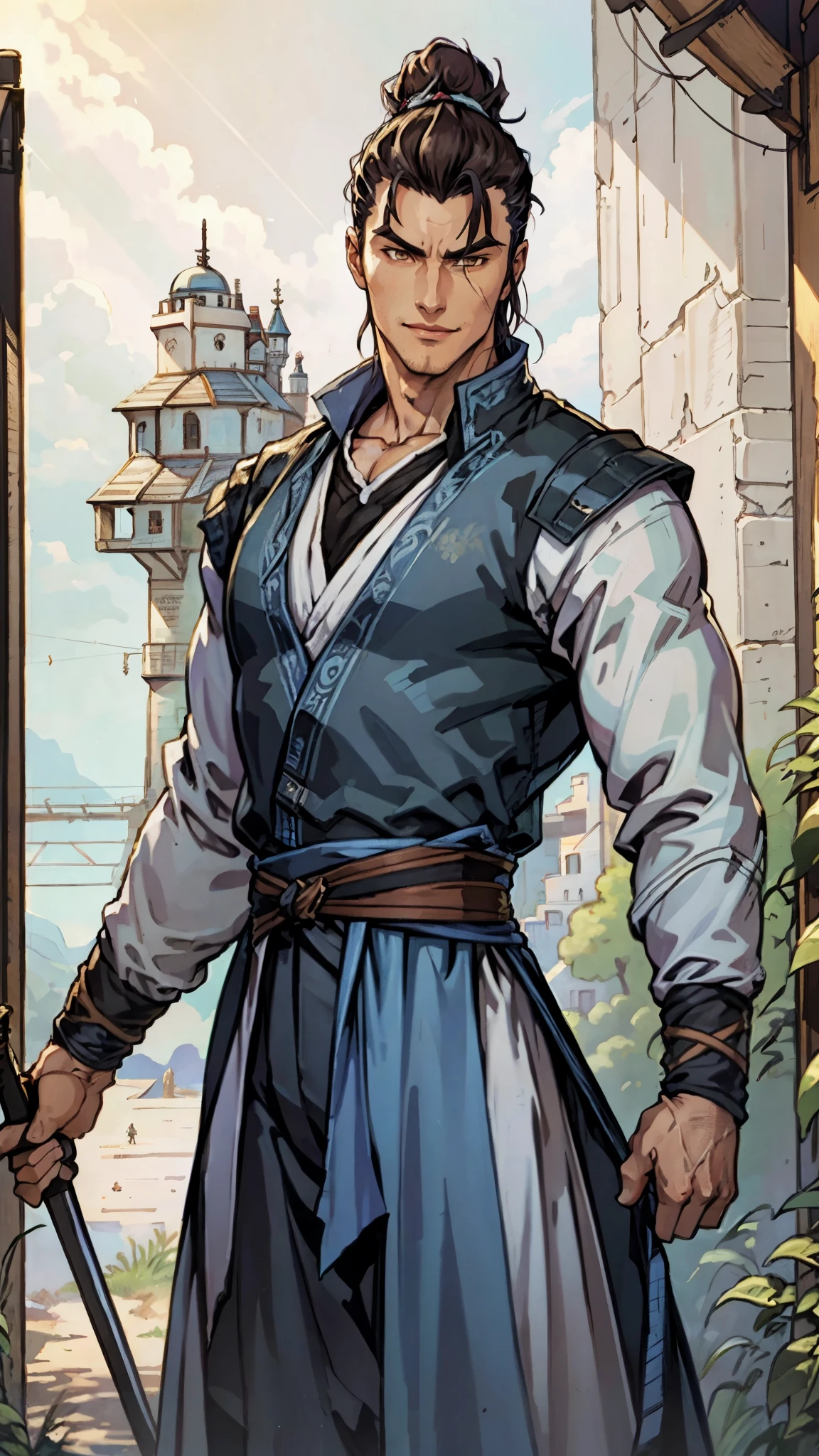 A man with short brown hair slicked back, topknot hairstyle, small center-parted fringe, deep eyes, straight eyebrows, long face, playful smile, a azure blue fantasy-style cloth vest jacket over a long-sleeved white undershirt, a black waistband, coarse cloth trousers the backdrop of a fantasy-style border outpost, this character embodies a finely crafted fantasy martial arts-style outpost worker in anime style, exquisite and mature manga art style, high definition, best quality, highres, ultra-detailed, ultra-fine painting, extremely delicate, professional, perfect body proportions, golden ratio, anatomically correct, symmetrical face, extremely detailed eyes and face, high quality eyes, creativity, RAW photo, UHD, 32k, Natural light, cinematic lighting, masterpiece-anatomy-perfect, masterpiece:1.5