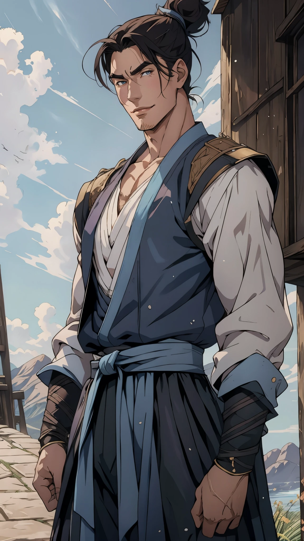 A man with short brown hair slicked back, topknot hairstyle, small center-parted fringe, deep eyes, straight eyebrows, long face, playful smile, a azure blue fantasy-style cloth vest jacket over a long-sleeved white undershirt, a black waistband, coarse cloth trousers the backdrop of a fantasy-style border outpost, this character embodies a finely crafted fantasy martial arts-style outpost worker in anime style, exquisite and mature manga art style, high definition, best quality, highres, ultra-detailed, ultra-fine painting, extremely delicate, professional, perfect body proportions, golden ratio, anatomically correct, symmetrical face, extremely detailed eyes and face, high quality eyes, creativity, RAW photo, UHD, 32k, Natural light, cinematic lighting, masterpiece-anatomy-perfect, masterpiece:1.5