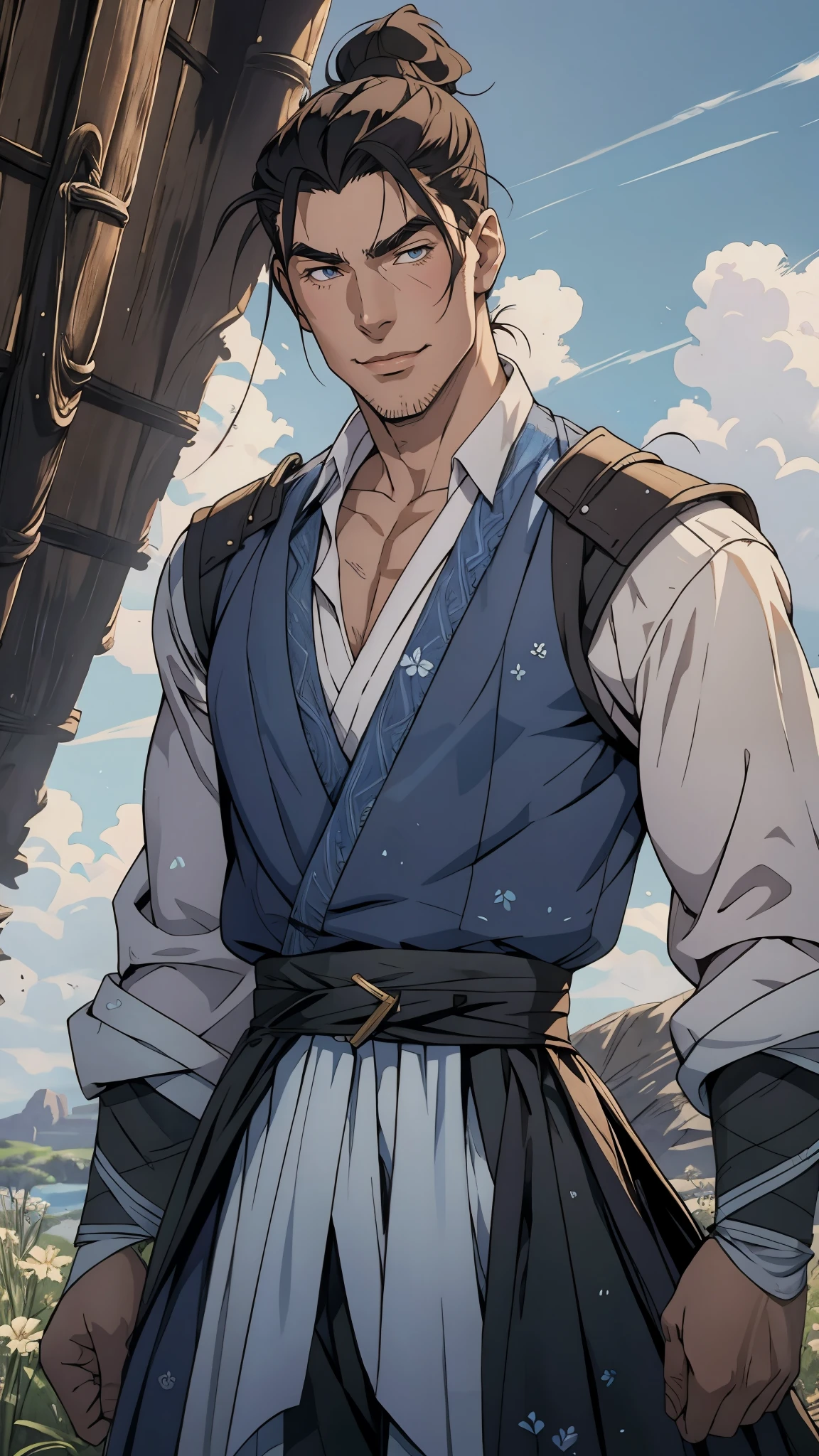 A man with short brown hair slicked back, topknot hairstyle, small center-parted fringe, deep eyes, straight eyebrows, long face, playful smile, a azure blue fantasy-style cloth vest jacket over a long-sleeved white undershirt, a black waistband, coarse cloth trousers the backdrop of a fantasy-style border outpost, this character embodies a finely crafted fantasy martial arts-style outpost worker in anime style, exquisite and mature manga art style, high definition, best quality, highres, ultra-detailed, ultra-fine painting, extremely delicate, professional, perfect body proportions, golden ratio, anatomically correct, symmetrical face, extremely detailed eyes and face, high quality eyes, creativity, RAW photo, UHD, 32k, Natural light, cinematic lighting, masterpiece-anatomy-perfect, masterpiece:1.5