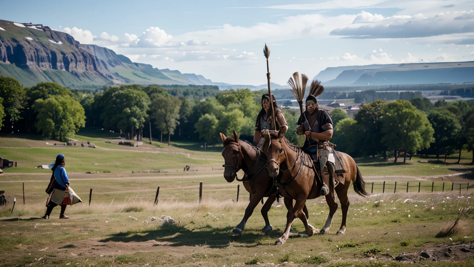 3 native indians see vikings walking, nearby is one viking ship, long shot