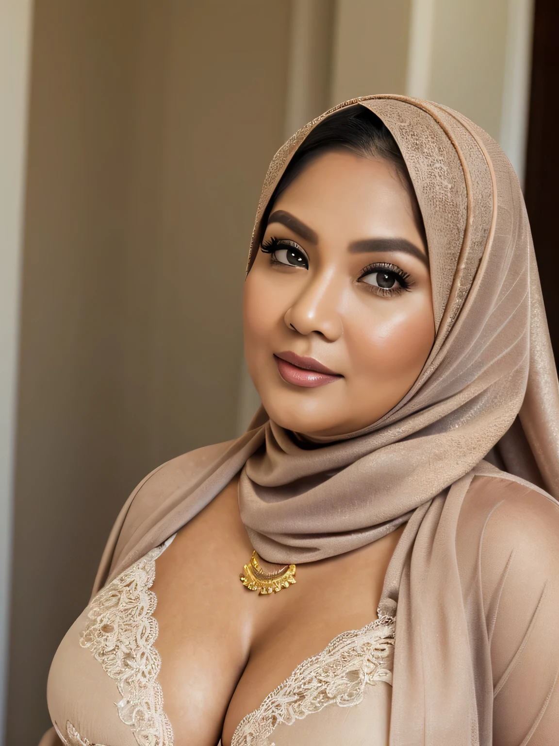 ((Realistic)) ((masterpiece)) 65 Years old, (beautiful Brunei woman face) , Malay look (high class fat lady) (curvy sexy body shape) (gorgeus eyes), wearing Hijab, wearing branded lace bra, perfect, natural Gigantic saggy breast : 96.9, (gorgeous eyes), Soft smile, golden necklace, Breast about to burst Out, natural makeup, close up half body shot, sie boob, detailed expression, professional photography with natural lighting