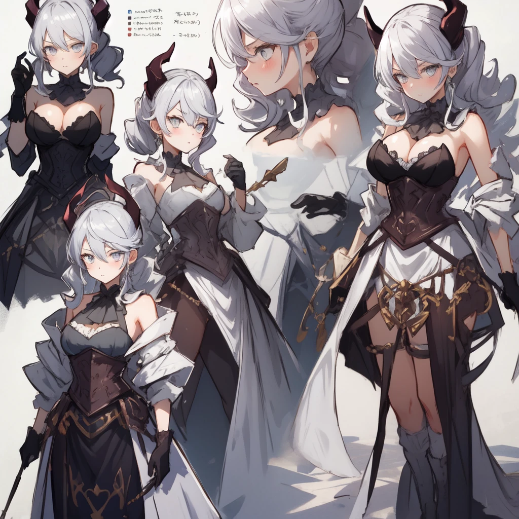 One girl, labrynth, Silver Hair, Grey Eyes, big breasts, horn, Cleavage, silver castle, Exquisite, blush, Nervous,Cowboy Shot, ,High quality generation of dark female characters, Unreasonable,Her figure is terribly beautiful, Emphasizing the dark and crazy elements. Skillfully expressing the effects of light and shadow, detailed, The face and expression of the black costume are also carefully drawn.., Artistic elements add depth to the work, With a unique artistic touch. This film is visually stimulating and aesthetically pleasing.,sketch (Character design sheet, same characters, whole body, Three-View, front, ~ ~ side, return), alone,Background white, Setting picture