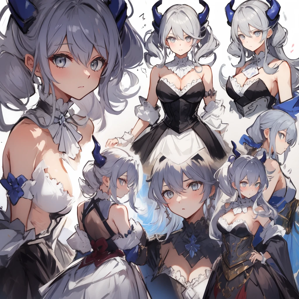 One girl, labrynth, Silver Hair, Grey Eyes, big breasts, horn, Cleavage, silver castle, Exquisite, blush, Nervous,Cowboy Shot, ,High quality generation of dark female characters, Unreasonable,Her figure is terribly beautiful, Emphasizing the dark and crazy elements. Skillfully expressing the effects of light and shadow, detailed, The face and expression of the black costume are also carefully drawn.., Artistic elements add depth to the work, With a unique artistic touch. This film is visually stimulating and aesthetically pleasing.,sketch (Character design sheet, same characters, whole body, Three-View, front, ~ ~ side, return), alone,Background white, Setting picture