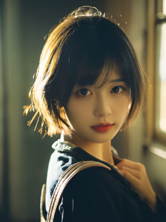 masterpiece, Ultra-high resolution, original photo, 1 girl, cute,Suspenders, Dark environment, Deep shadows, Unobtrusive, A ray of sunlight shines through the window onto my face, Front view, Short hair ponytail,Movie Light,Top quality