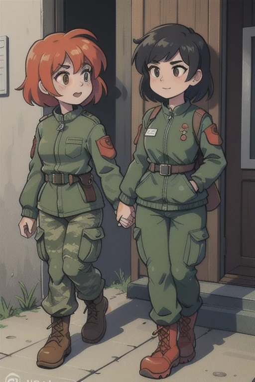 ((Best quality)), lesbian girls in camouflage jacket, pants, army combat boots,