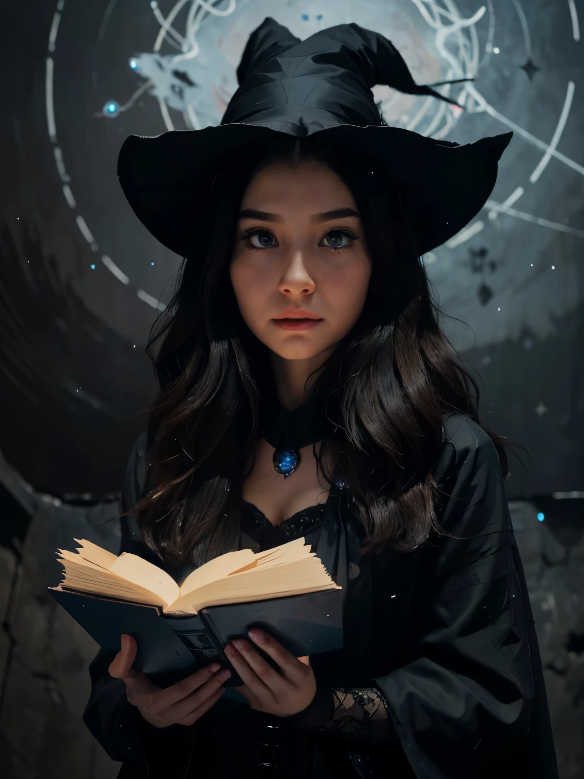 (best quality,4k,8k,highres,masterpiece:1.2),ultra-detailed,realistic,photorealistic:1.37,portrait,anime,blue dark hair,cute girl with glasses,detailed eyes,detailed lips,wearing anime witch costume,dark background,anime art style,vivid colors,sharp focus,detailed facial expression,glowing eyes,anime-style witch hat,striking makeup,long eyelashes,sparkling blue eyes,expressive eyes,dark magical elements,glowing magical symbols,mysterious atmosphere,soft lighting,starry sky,unique character design,anime-style hair,flowing hair,wavy hair,confident posture,magical blue aura,enchanted wand,holding a spellbook,casting a spell,witchcraft symbolism,deep shadows,subtle highlights,studio lighting.