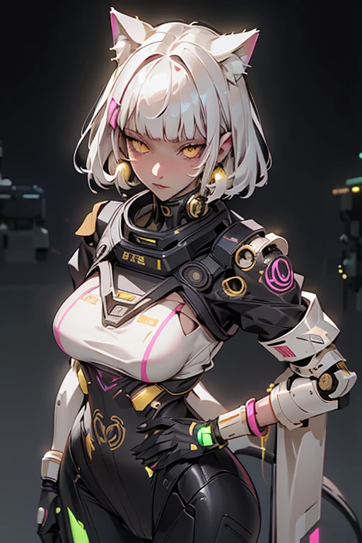 pretty, woman, sexy face, yellow eyes, white hair, slim body, sexy pose, pink tights, mecha, neon sign, led night city, seen from above, high quality, realistic, beautiful light, complete detail, black background