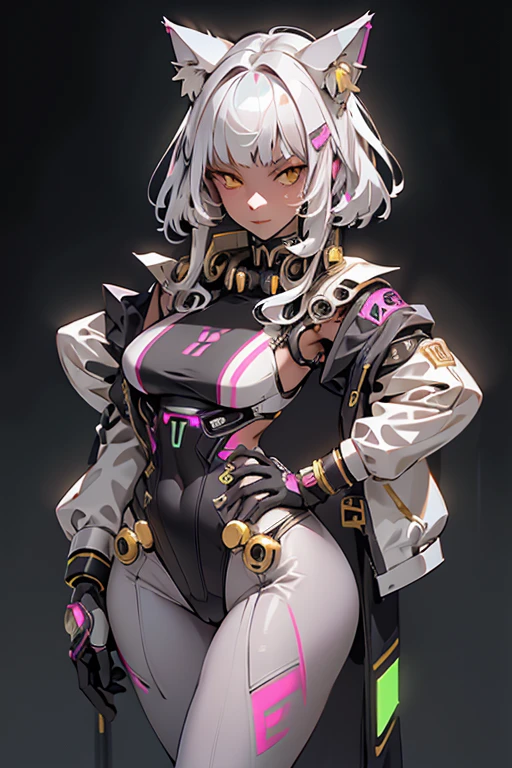 pretty, woman, sexy face, yellow eyes, white hair, slim body, sexy pose, pink tights, mecha, neon sign, led night city, seen from above, high quality, realistic, beautiful light, complete detail, black background