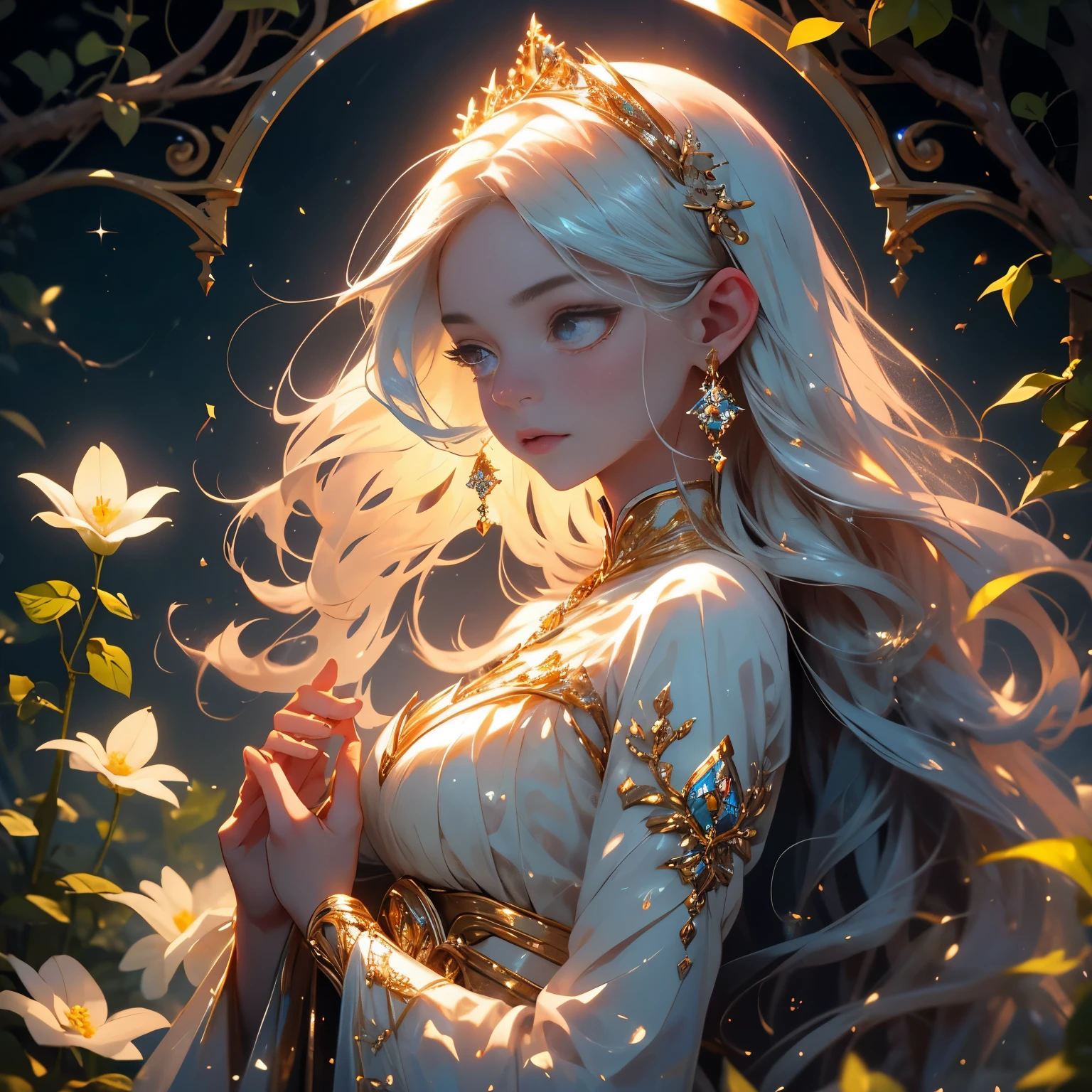 a moon elf maiden,cleansing ritual,flowered ivy,vines,caress,clean,moonlit sky,beautiful detailed eyes,beautiful detailed lips,extremely detailed eyes and face,long eyelashes,serene expression,graceful posture,golden hair flowing in the breeze,moonlight illuminating her porcelain skin,ethereal glow,delicate and intricate patterns on her dress,rays of moonlight filtering through the trees,soft and gentle touch,luminous flowers blooming around her,peaceful and tranquil atmosphere,whispering leaves,serenity,glowing moon casting a mystical aura,shimmering starlight guiding the ritual,harmonious connection between nature and the maiden,subtle and enchanting colors,divine energy,purifying and rejuvenating essence,breathtaking elegance,airy and ethereal feel,perfect balance between strength and vulnerability,exquisite craftsmanship,artistic rendering,painterly details,highest quality,8K resolution,ultra-detailed,photorealistic,colorful and vibrant palette,soft and diffused lighting.