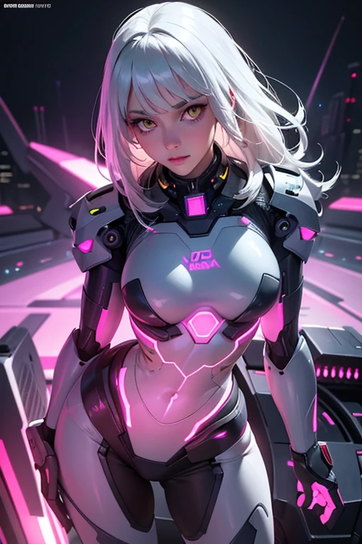 pretty, woman, sexy face, yellow eyes, white hair, slim body, sexy pose, pink tights, mecha, neon sign, led night city, seen from above, high quality, realistic, beautiful light, complete detail, black background