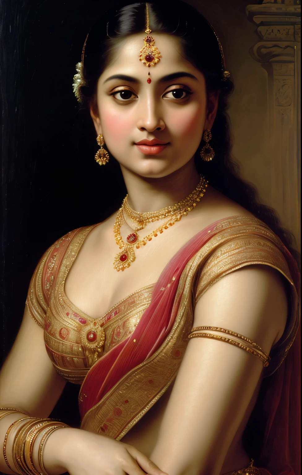Beautiful Indian Woman, wearing saree, sari Beauty, gorgeous, Apsara, Maharani, royal queen woman, nymph from Hindu Mythology, Urvashi, matchless beauty, Highly detailed, Oil Painting by Peter Paul Rubens inspired by Raja Ravi Varma, Matchless beauty, captivating, gorgeous, heavenly beauty, celestial beauty, by Peter Paul Rubens, 13, realistic, hyper realistic, micro details, incredible artwork, insane details, ultra High resolution, 8k, 32k, acrylic on canvas, intricate, flawless, detailed, detailed face, detailed eyes, masterpiece, by Peter Paul Rubens, by Caravaggio, by William Adolphe bouguereau, perfect face, perfect body, beautiful art, realism, baroque, renaissance Art, highly textured, beautiful and detailed eyes, uhd, best quality,