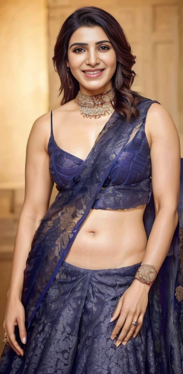 Portrait of samantha ruth prabhu,(((Stunningly Beautiful woman in dark lehenga)), exposing cleavage and navel , sweet smile, Beautiful bride, realistic style, 8k,exposure blend, medium shot(cinematic)