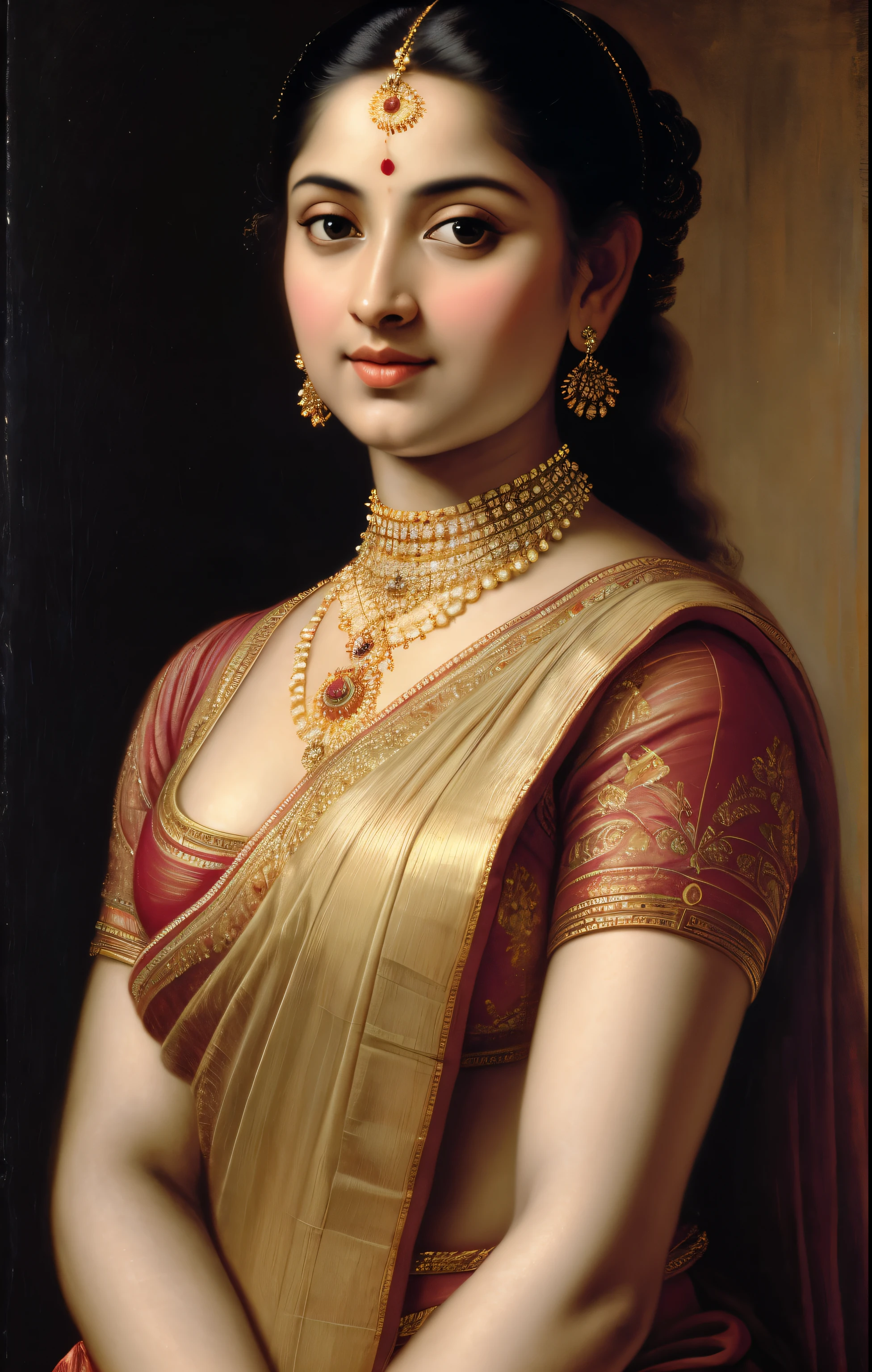 Beautiful Indian Woman, wearing saree, sari Beauty, gorgeous, Apsara, Maharani, royal queen woman, nymph from Hindu Mythology, Urvashi, matchless beauty, Highly detailed, Oil Painting by Peter Paul Rubens inspired by Raja Ravi Varma, Matchless beauty, captivating, gorgeous, heavenly beauty, celestial beauty, by Peter Paul Rubens, 13, realistic, hyper realistic, micro details, incredible artwork, insane details, ultra High resolution, 8k, 32k, acrylic on canvas, intricate, flawless, detailed, detailed face, detailed eyes, masterpiece, by Peter Paul Rubens, by Caravaggio, by William Adolphe bouguereau, perfect face, perfect body, beautiful art, realism, baroque, renaissance Art, highly textured, beautiful and detailed eyes, uhd, best quality,
