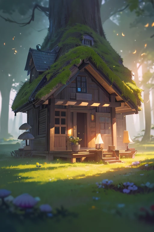 masterpiece, highest quality, (Highly detailed CG Unity 8k wallpaper), (highest quality), (Best illustrations), (Best Shadow), Moss-covered mushroom house,fire Fly,The room is filled with bright light,petal, Isometric 3D, Octane Rendering,Ray Tracing,Super detailed,