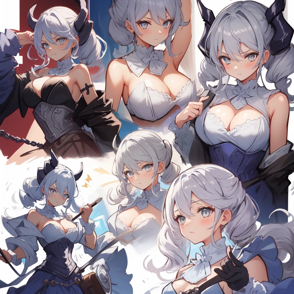 One girl, labrynth, Silver Hair, Grey Eyes, big breasts, horn, Cleavage, silver castle, Exquisite, blush, Nervous,Cowboy Shot, ,High quality generation of dark female characters, Unreasonable,Her figure is terribly beautiful, Emphasizing the dark and crazy elements. Skillfully expressing the effects of light and shadow, detailed, The face and expression are carefully drawn.., Artistic elements add depth to the work, With a unique artistic touch. This film is visually stimulating and aesthetically pleasing.,sketch (Character design sheet, same characters, whole body, Three-View, front, ~ ~ side, return), alone,Background white, Setting picture