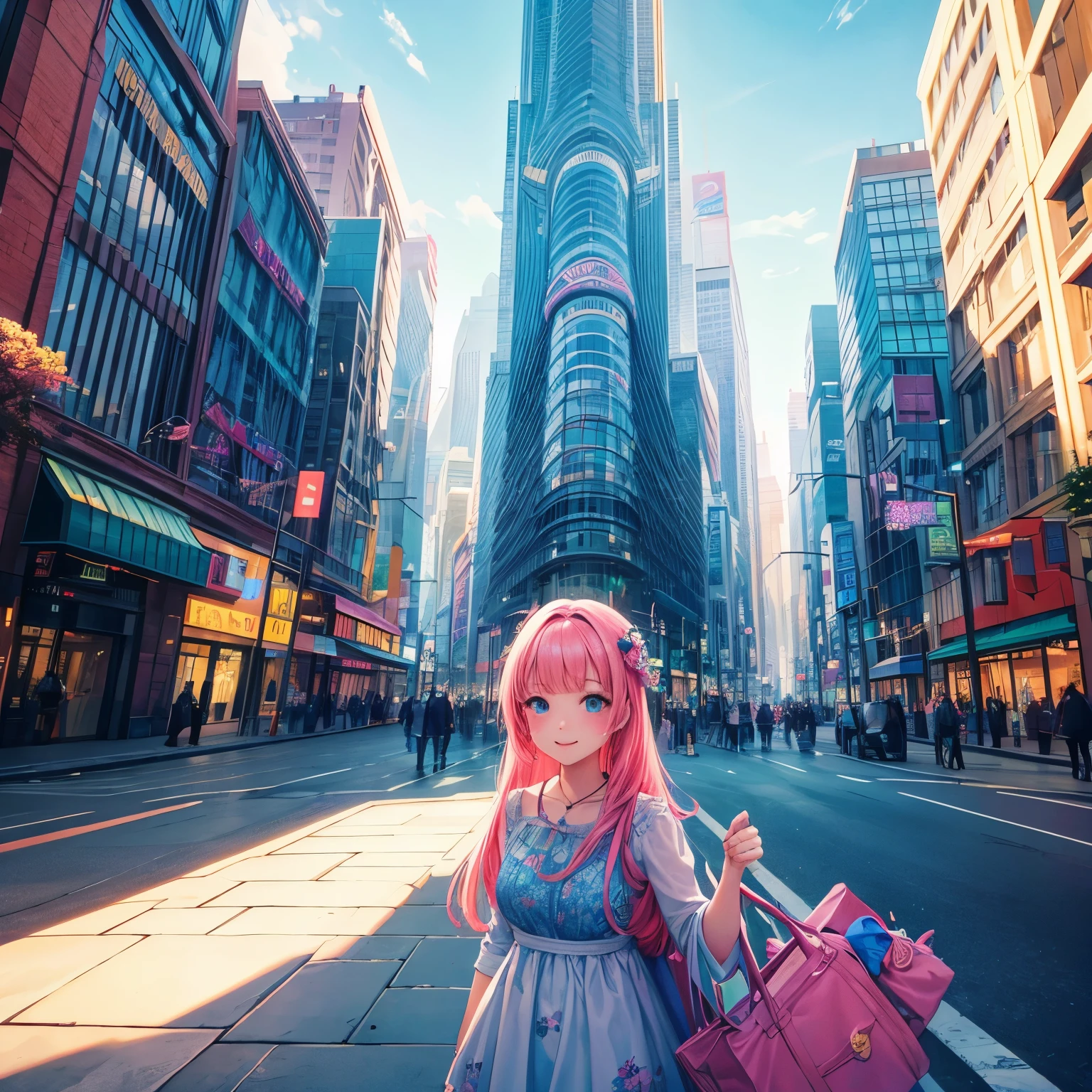 In a vibrant and bustling city, there is a perfect blend of nature and urban life. Surrounded by magnificent skyscrapers, a group of five friends explores the city streets, enjoying their youthful energy and the sense of adventure. The sunlight gently illuminates their path, creating a warm and inviting atmosphere. The girls, with their radiant smiles and carefree expressions, wear stylish and trendy outfits that reflect their vibrant personalities. Their eyes sparkle with excitement as they discover the hidden gems of the city. The streets are lined with beautiful flowers and lush greenery, adding a touch of natural beauty to the concrete jungle. The artwork is a masterpiece of modern illustration, with intricate details and vivid colors that bring the scene to life. The high-resolution rendering captures every fine detail, from the delicate texture of the flowers to the reflections in the windows of the skyscrapers. The overall effect is both realistic and dreamlike, evoking a sense of wonder and awe. With a touch of bokeh in the background, the focus is sharp on the girls, creating a visually stunning composition. The art style combines the best of both classic and contemporary techniques, resulting in a unique and captivating image. The color palette is vibrant and energetic, with a mix of bold and pastel tones that complement the urban setting. The lighting is meticulously designed, with soft natural light casting gentle shadows and highlighting the girls' features. The scene is filled with a sense of joy and adventure, inviting the viewer to join in the fun and excitement of exploring the city.