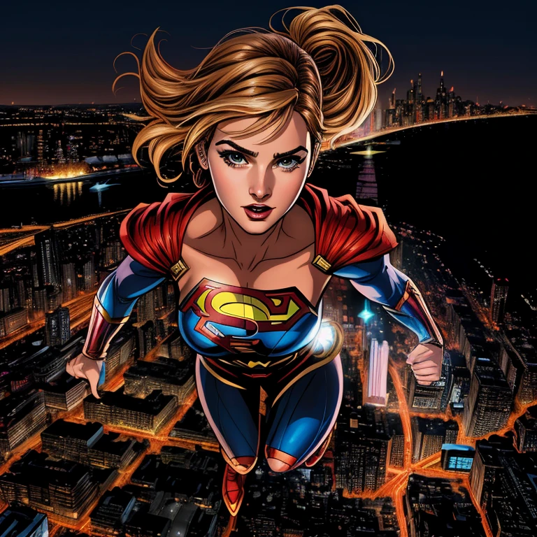 ((Digital painting)),((4k)),((comic Babes)), a woman dressed as superman flying over a city at night, Supergirl, anime visual of Supergirl, emma watson as Supergirl, Betty Cooper, super girl -hero, powerful girl, no text, superhero portrait, DC Comics art style, Dinah Drake, Official Art, gal gadot as Supergirl, highly detailed exquisite fanart, epic comic book style, high quality color drawing