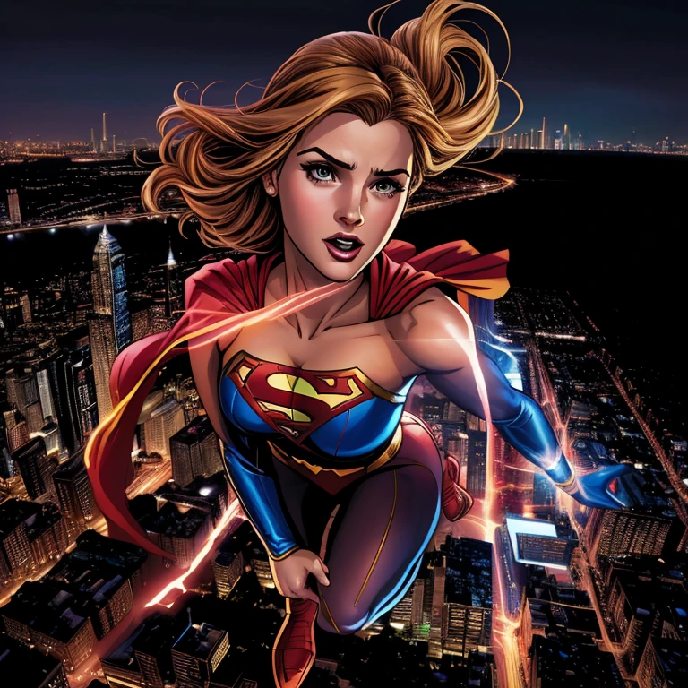 ((Digital painting)),((4k)),((comic Babes)), a woman dressed as superman flying over a city at night, Supergirl, anime visual of Supergirl, emma watson as Supergirl, Betty Cooper, super girl -hero, powerful girl, no text, superhero portrait, DC Comics art style, Dinah Drake, Official Art, gal gadot as Supergirl, highly detailed exquisite fanart, epic comic book style, high quality color drawing