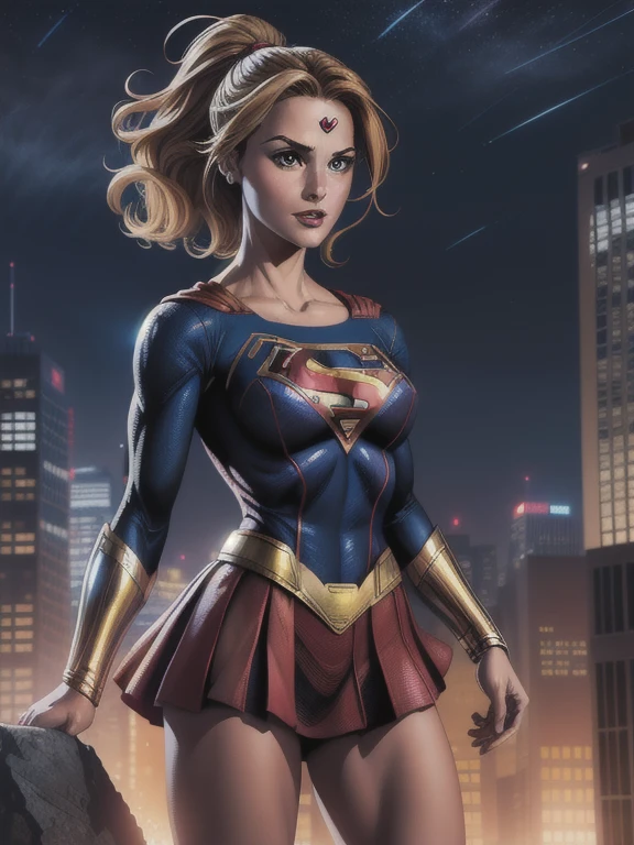 ((Digital painting)),((4k)),((comic Babes)), a woman dressed as superman flying over a city at night, Supergirl, anime visual of Supergirl, emma watson as Supergirl, Betty Cooper, super girl -hero, powerful girl, no text, superhero portrait, DC Comics art style, Dinah Drake, Official Art, gal gadot as Supergirl, highly detailed exquisite fanart, epic comic book style, high quality color drawing