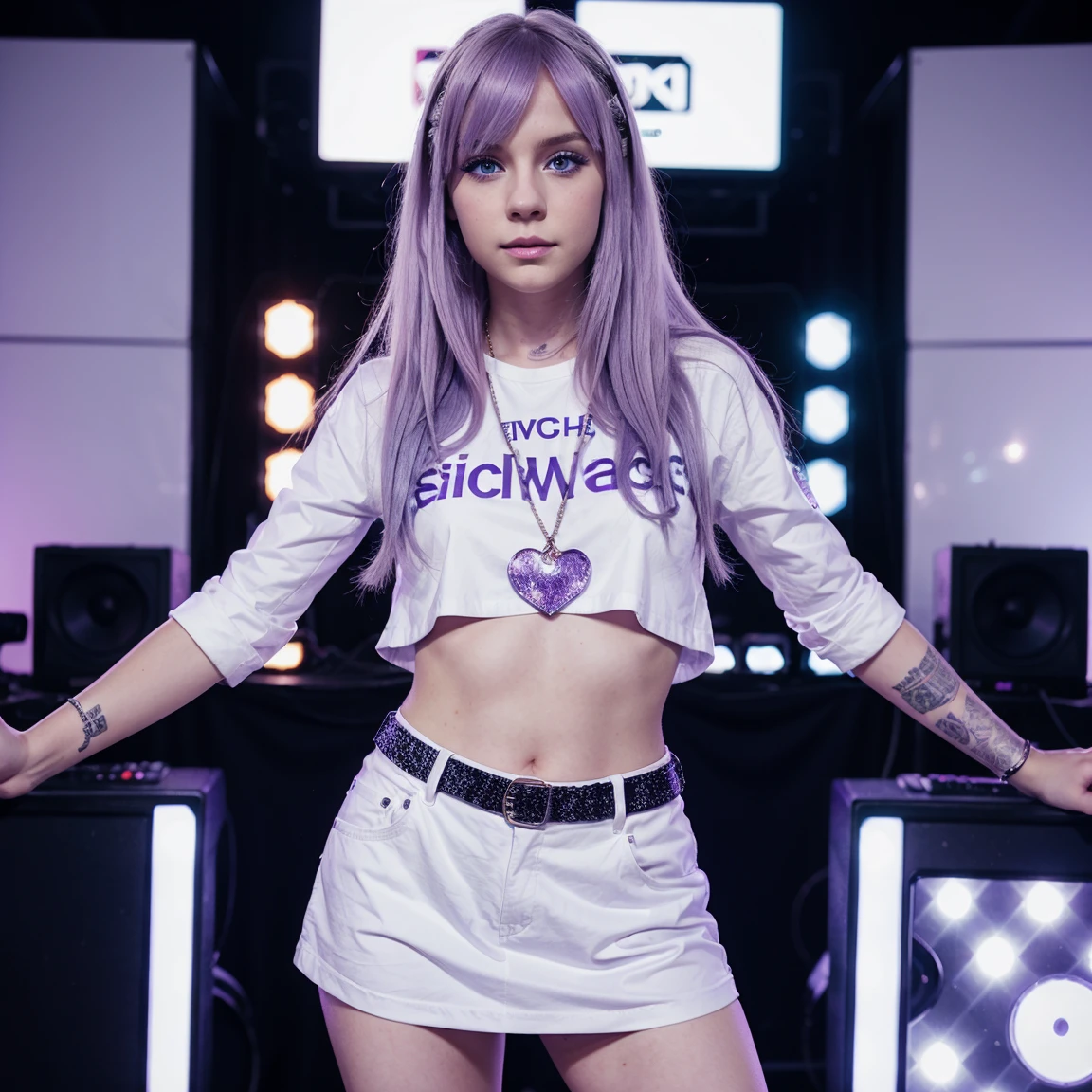 young white woman, fair skin, lilac hair, blue eyes, dressed in stylish clothes. singer at an electronic music show.