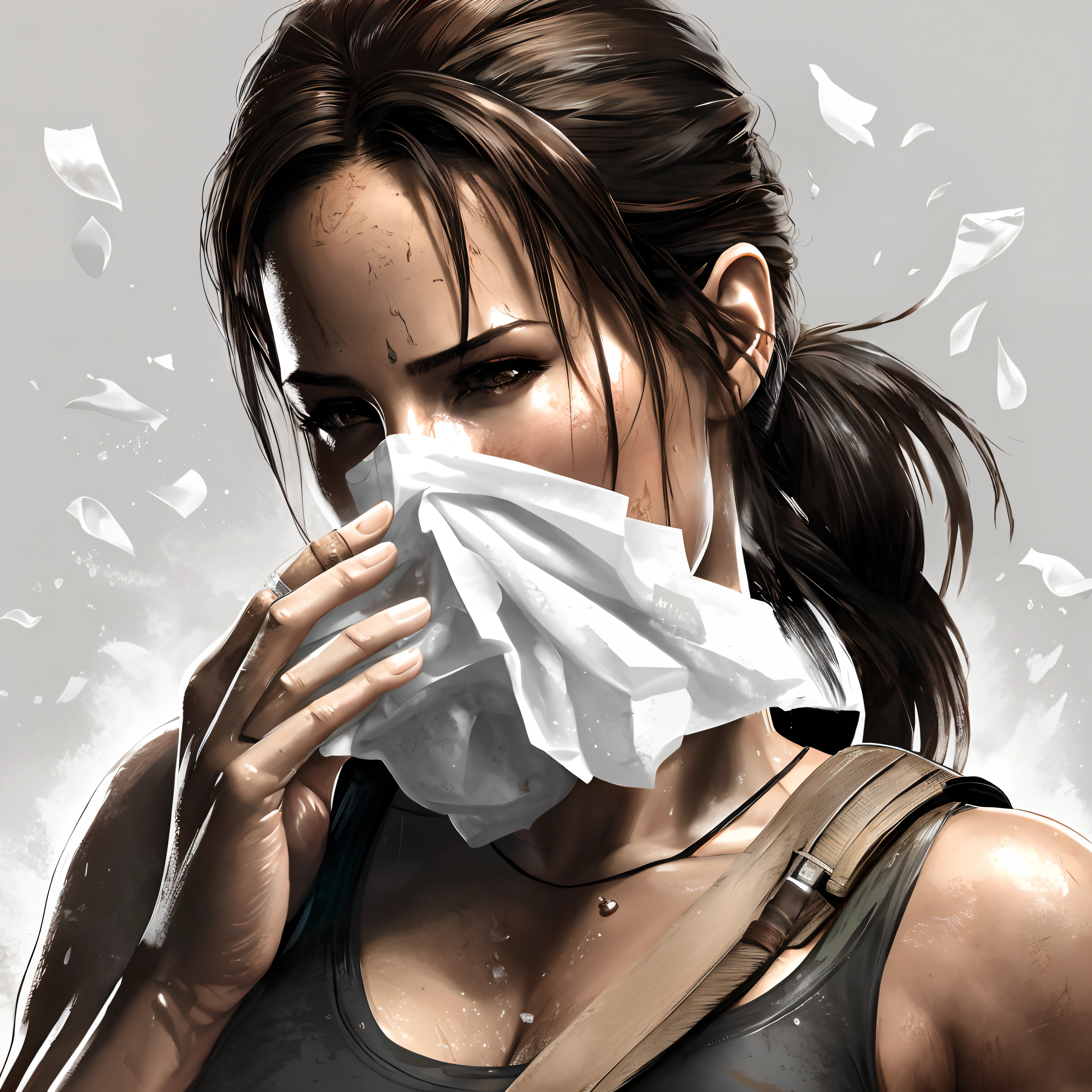 arafed image of a woman with a tissue in her mouth, portrait of lara croft, tomb raider beautiful, lara croft, muscular sweat lara croft, ultra realistic concept art, lara croft eating durian, tomb raider, hd artwork, ultrarealistic concept art, emotional concept art, rise of the tomb raider, highly realistic concept art, beautiful digital artwork