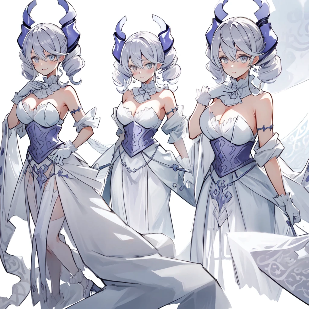 One girl, labrynth, Silver Hair, Grey Eyes, big breasts, horn, Cleavage, silver castle, Exquisite, blush, Nervous,Cowboy Shot, ,High quality generation of dark female characters, Unreasonable,Her figure is terribly beautiful, Emphasizing the dark and crazy elements. Skillfully expressing the effects of light and shadow, detailed, The face and expression are carefully drawn.., Artistic elements add depth to the work, With a unique artistic touch. This film is visually stimulating and aesthetically pleasing.,sketch (Character design sheet, same characters, whole body, Three-View, front, ~ ~ side, return), alone,Background white, Setting picture