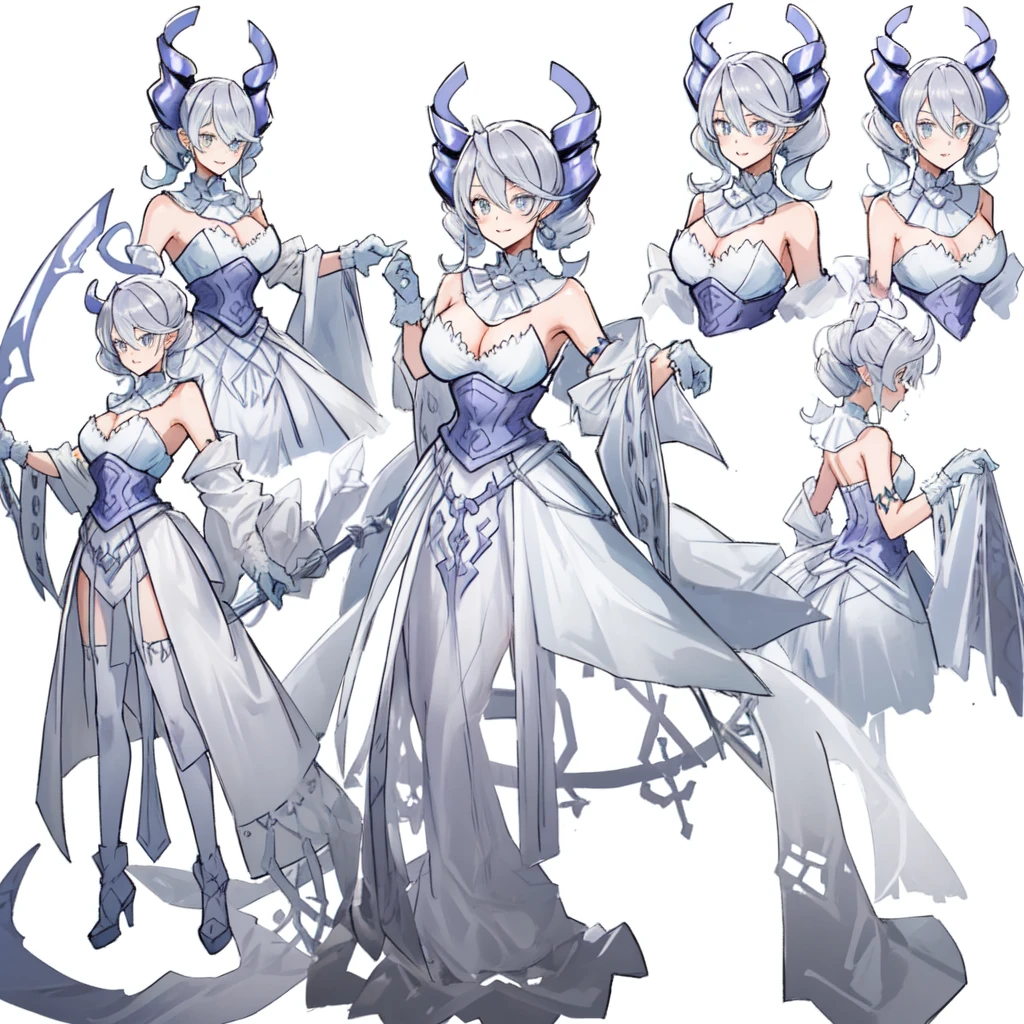 One girl, labrynth, Silver Hair, Grey Eyes, big breasts, horn, Cleavage, silver castle, Exquisite, blush, Nervous,Cowboy Shot, ,High quality generation of dark female characters, Unreasonable,Her figure is terribly beautiful, Emphasizing the dark and crazy elements. Skillfully expressing the effects of light and shadow, detailed, The face and expression are carefully drawn.., Artistic elements add depth to the work, With a unique artistic touch. This film is visually stimulating and aesthetically pleasing.,sketch (Character design sheet, same characters, whole body, Three-View, front, ~ ~ side, return), alone,Background white, Setting picture