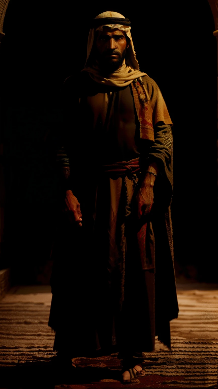 unreal engine, a poor arab bedouin man standing proudly wearing torn out arabic cloth