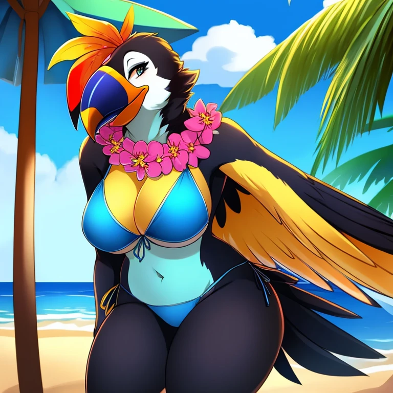 Solo female, toucan, avian, bird, curvy, black feathers, blue bikini bottom, topless, big flower lei, chest covered by lei, holding coconut drink, beach, Hawaiian, tropical, palm trees in background