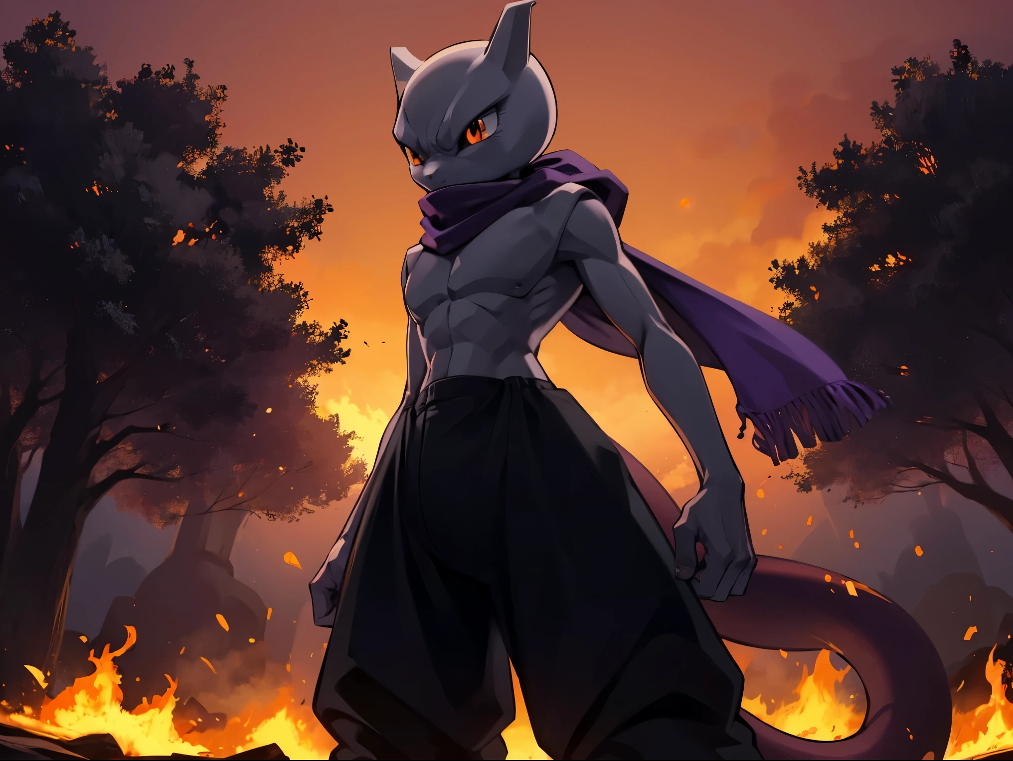 ((shadow mewtwo)). (male), ((solo)) pokemon, gen 1, long tail, (((black body))), (((black face))), (((black skin))), (((orange eyes))), ((((long purple ninja scarf)))), ((((black adventure pants)))), angry, standing, ((side view)), ((looking away)), ((up close)), (((halfbody shot))) (burning forest), fire everywhere, ((burning trees)), ((embers.)) black sky, epic. dark lighting, heavy shadows, orange/red atmosphere, red/orange lighting. ((red/orange sky)), very good figure, masterpiece, best quality, 16k 