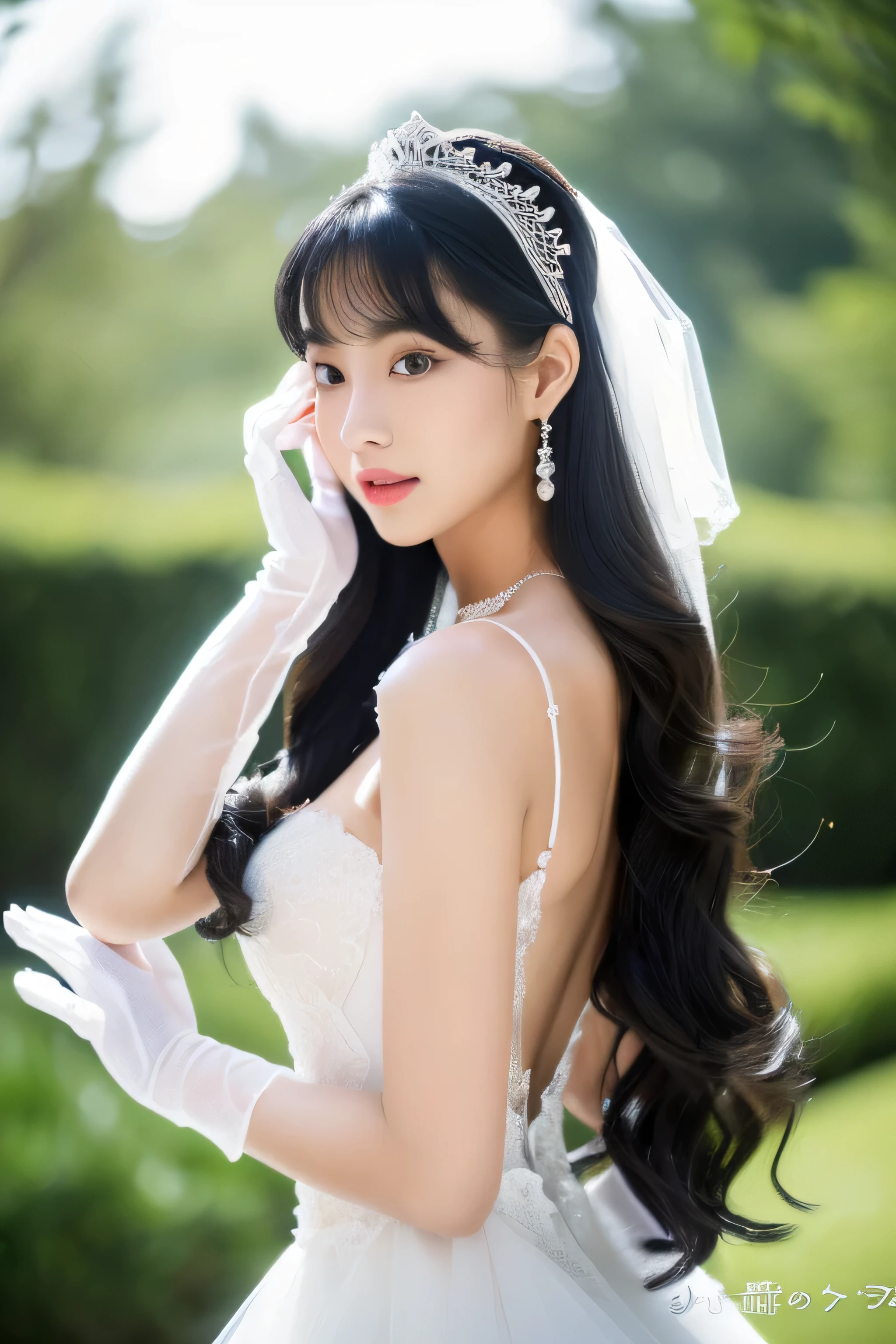((highest quality)), ((masterpiece)), (familiar)　(Get used to it)　(Turn your whole body to the viewer:2.0)　(Perfect Face　Her face is slim and dignified.., length, Narrow eyes..々A solo photo of the 24-year-old, most attractive woman in Japan with a beautiful face)　(Gaze shyly at the viewer)　(The bangs are very neatly trimmed in an asymmetrical hime cut.)　((Her deep black hair is incredibly voluminous, extremely heavy and curly, and very shiny and silky.、Absurdly Extreme Long Hair Down to Her Ass in Black:1.3　Very thick, deep black, thin hair. Extremely long hair.:1.3 Hair and, And Absurdly Extremely Long Hair:1.3 Black hair))　(Her skin is a typical Japanese skin color...、Very detailed)　　(big breasts)　(She has a beautiful face with a slender figure., Narrow eyes.)　　(She has perfect elegant makeup　Lipstick is light red　Solid black eyeliner)　((Rich 1.4))　(Extremely detailed 8K)　(Stable Diffusion Model)　(Ultra-fine skin texture 1.4)　(Actual, Vibrant:1.4), double eyelid　Sharp focus:1.2、Beautiful woman:1.4　Dynamic Lighting　(Genuine RAW photos taken by professional photographers using SLR cameras:1.5)　　Professionally lit from the front　((This is outside the church on a sunny day.　bride in white Wedding dress and gloves standing in front of mirror, dressed beautiful gown, Wedding dress, wearing organza gown, wearing a Wedding dress, Wear a voile dress, white gown, white regal gown, gown, beautiful gown, beautiful Wedding dress, Tulle and lace, white!!, beautiful and elegant, white gloves, ground!, white royal dress, white satin gloves))　(She&#39;s the perfect tiara)　(Elegant and graceful standing pose, chest-up)