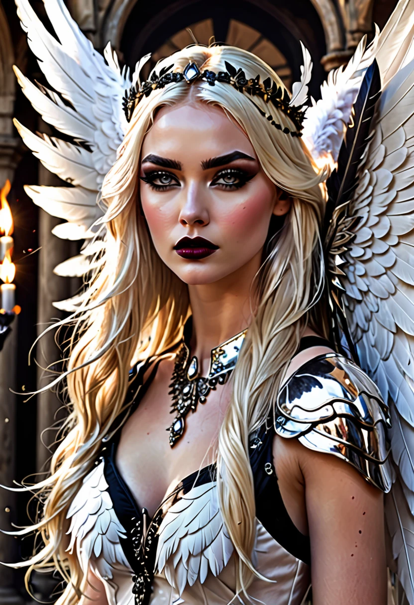 Beautyfull realistic Angle, head halo, thin curved eyebrows, long black luscious eyelashes, black eyeliner, dark eye shadow, face makeup, bark lipstick,defined black iris,detailed Florence eyes,long luscious platinum blond hair, pale skin,hour glass body realistic,dripping (liquid dress), full size white feather wings on back, spear weapons, combat in the background, dawn,