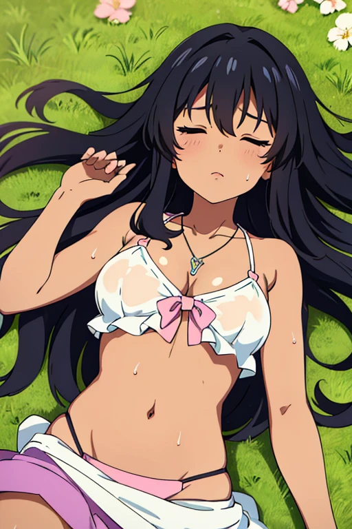 light dark skinned anime girl, dressed in a cute bikini top and flowy skirt, curled up in a peaceful slumber on a grassy hill, (her hand pressed against her stomach in discomfort), (long black hair), (necklace), (wet sweaty body)