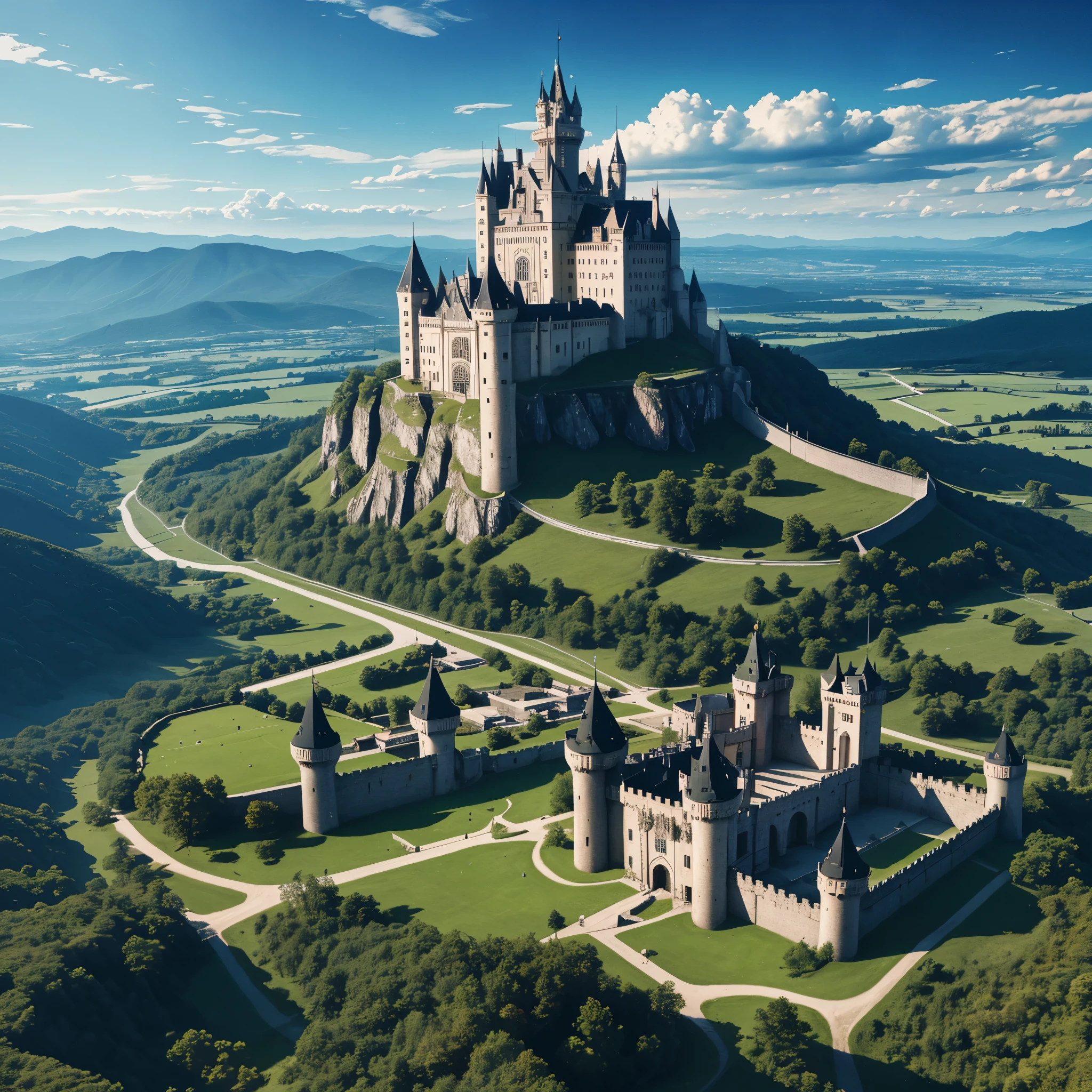 bright day, digital, kingdom, landscape, castles, forest, field, smooth, masterpiece, perfect, highres, high resolution, high quality, panorama, wide shot, highly detailed, atmospheric perspective, from above,